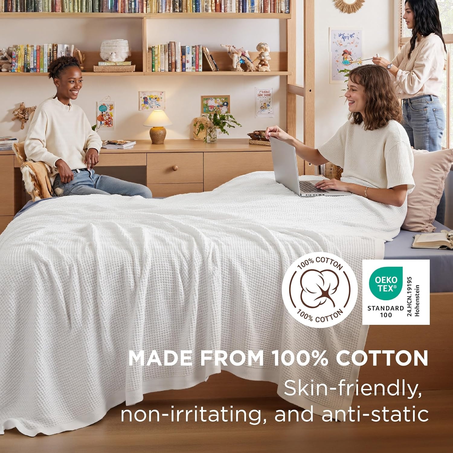 image:imageBedsure 100 Cotton Blanket Queen Size for Bed Cooling Breathable and Soft for Summer and Fall Thick Cozy Waffle Weave Blanket Gifts for Women White 90x90 Inches01 White