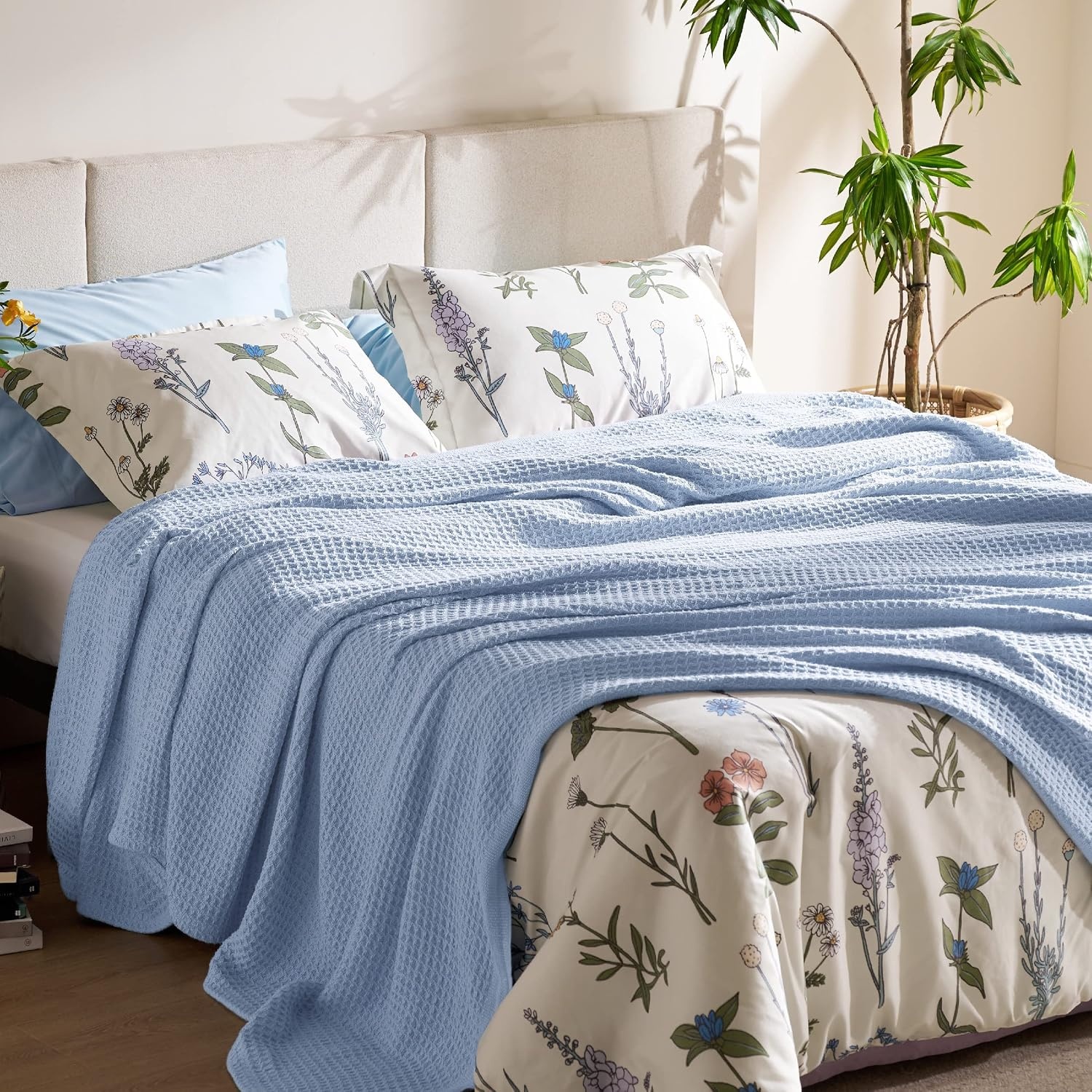 image:imageBedsure 100 Cotton Blanket Queen Size for Bed Cooling Breathable and Soft for Summer and Fall Thick Cozy Waffle Weave Blanket Gifts for Women White 90x90 Inches09 Sky Blue