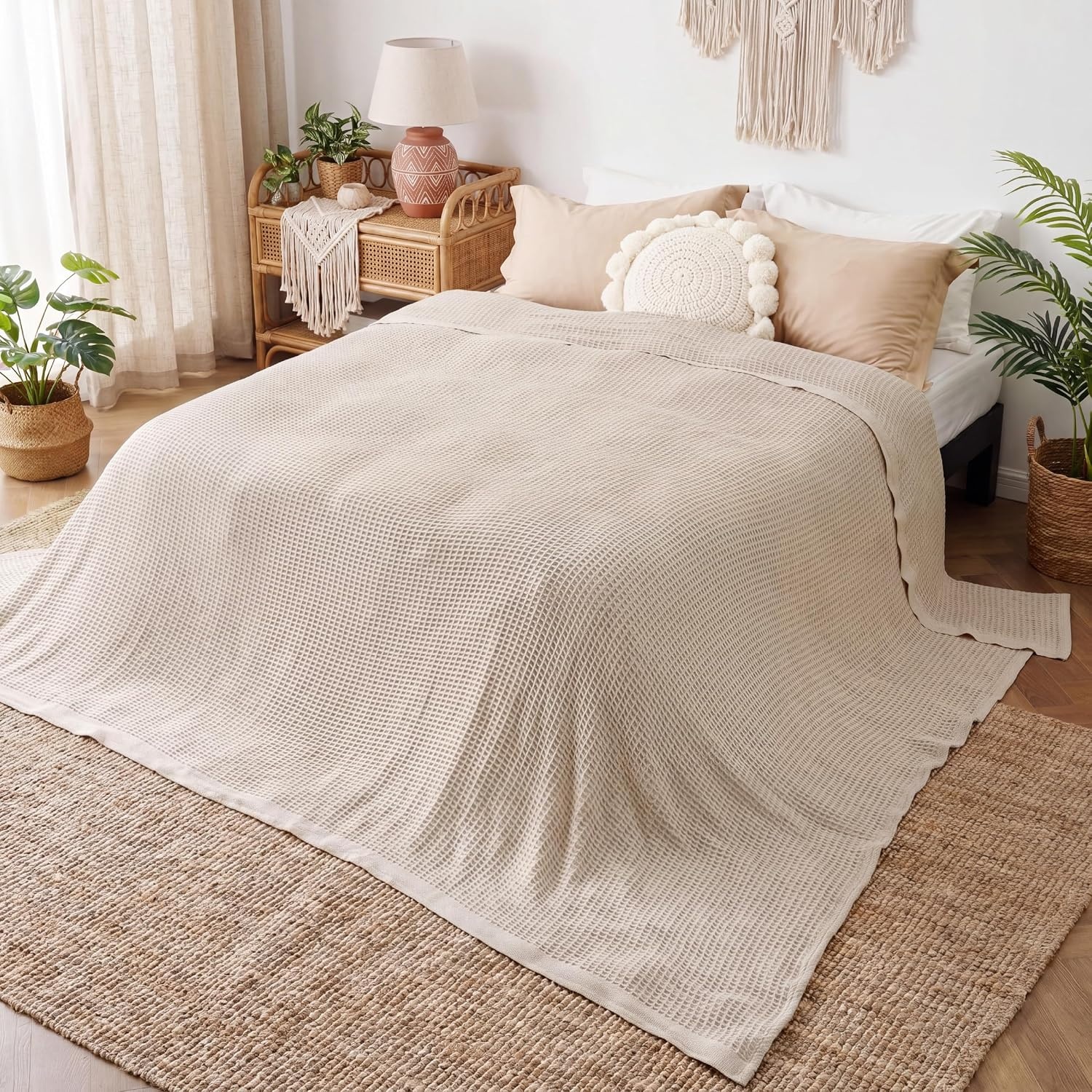 image:imageBedsure 100 Cotton Blanket Queen Size for Bed Cooling Breathable and Soft for Summer and Fall Thick Cozy Waffle Weave Blanket Gifts for Women White 90x90 Inches02 Beige