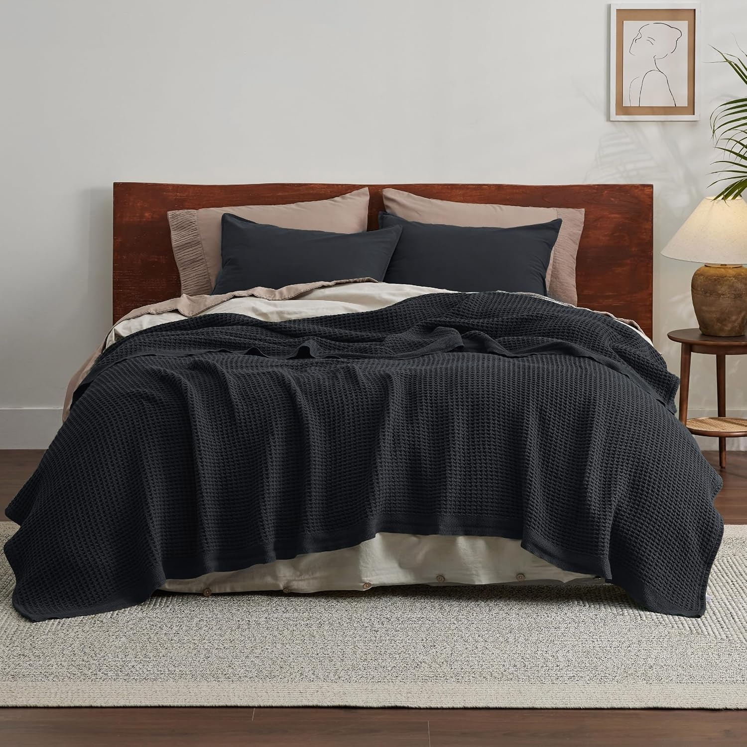 image:imageBedsure 100 Cotton Blanket Queen Size for Bed Cooling Breathable and Soft for Summer and Fall Thick Cozy Waffle Weave Blanket Gifts for Women White 90x90 Inches11 Black