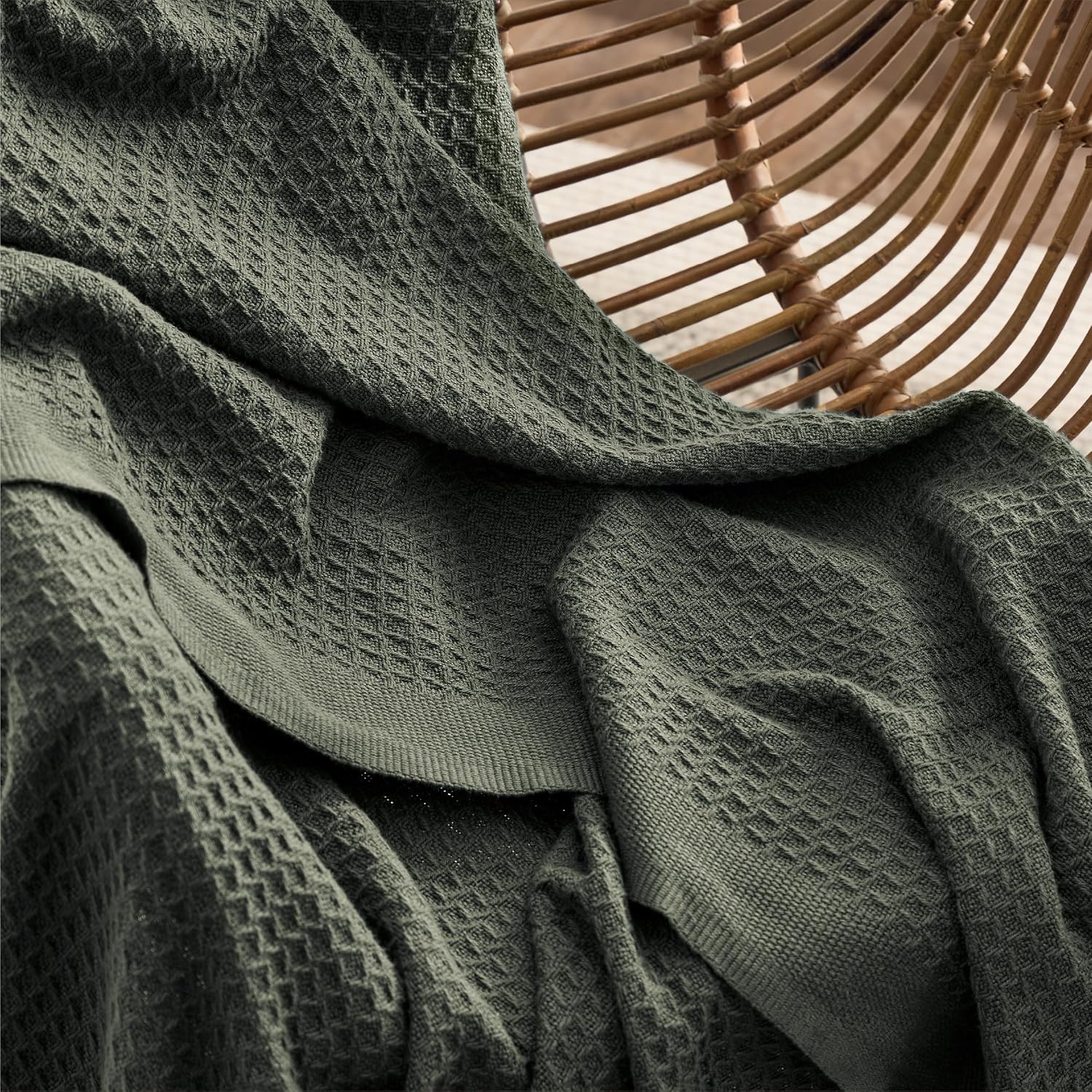 image:imageBedsure 100 Cotton Blanket Queen Size for Bed Cooling Breathable and Soft for Summer and Fall Thick Cozy Waffle Weave Blanket Gifts for Women White 90x90 Inches05 Olive Green
