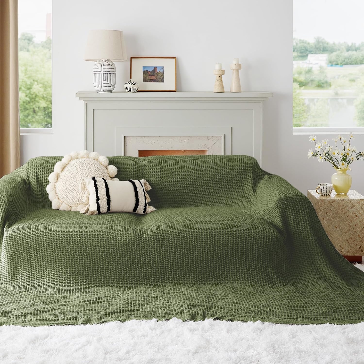 image:imageBedsure 100 Cotton Blanket Queen Size for Bed Cooling Breathable and Soft for Summer and Fall Thick Cozy Waffle Weave Blanket Gifts for Women White 90x90 Inches11 Moss Green