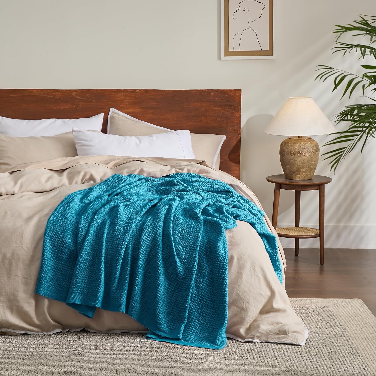 image:imageBedsure 100 Cotton Blanket Queen Size for Bed Cooling Breathable and Soft for Summer and Fall Thick Cozy Waffle Weave Blanket Gifts for Women White 90x90 Inches19 Teal Blue