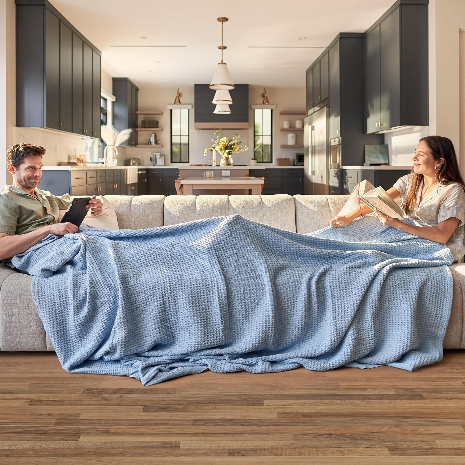 image:imageBedsure 100 Cotton Blanket Queen Size for Bed Cooling Breathable and Soft for Summer and Fall Thick Cozy Waffle Weave Blanket Gifts for Women White 90x90 Inches09 Sky Blue
