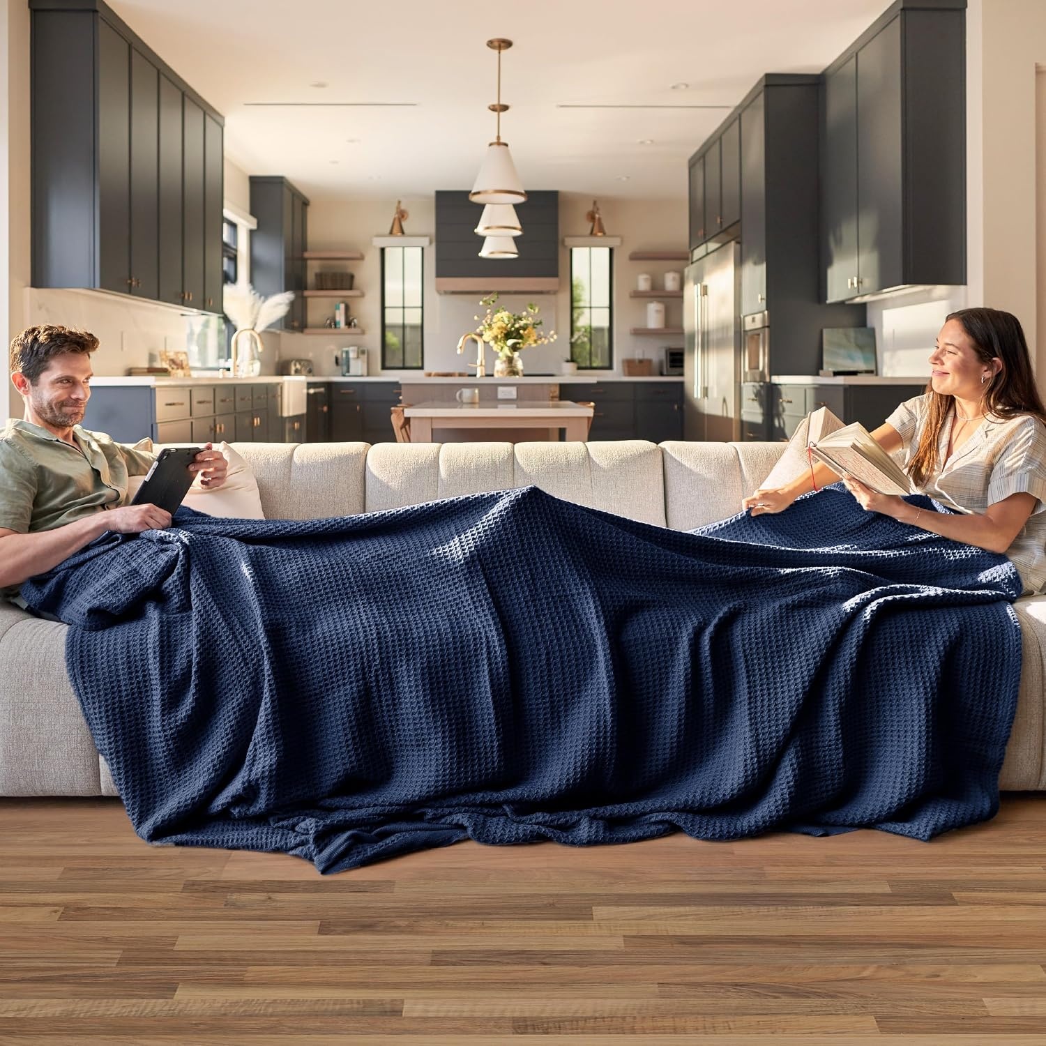 image:imageBedsure 100 Cotton Blanket Queen Size for Bed Cooling Breathable and Soft for Summer and Fall Thick Cozy Waffle Weave Blanket Gifts for Women White 90x90 Inches18 Pageant Blue
