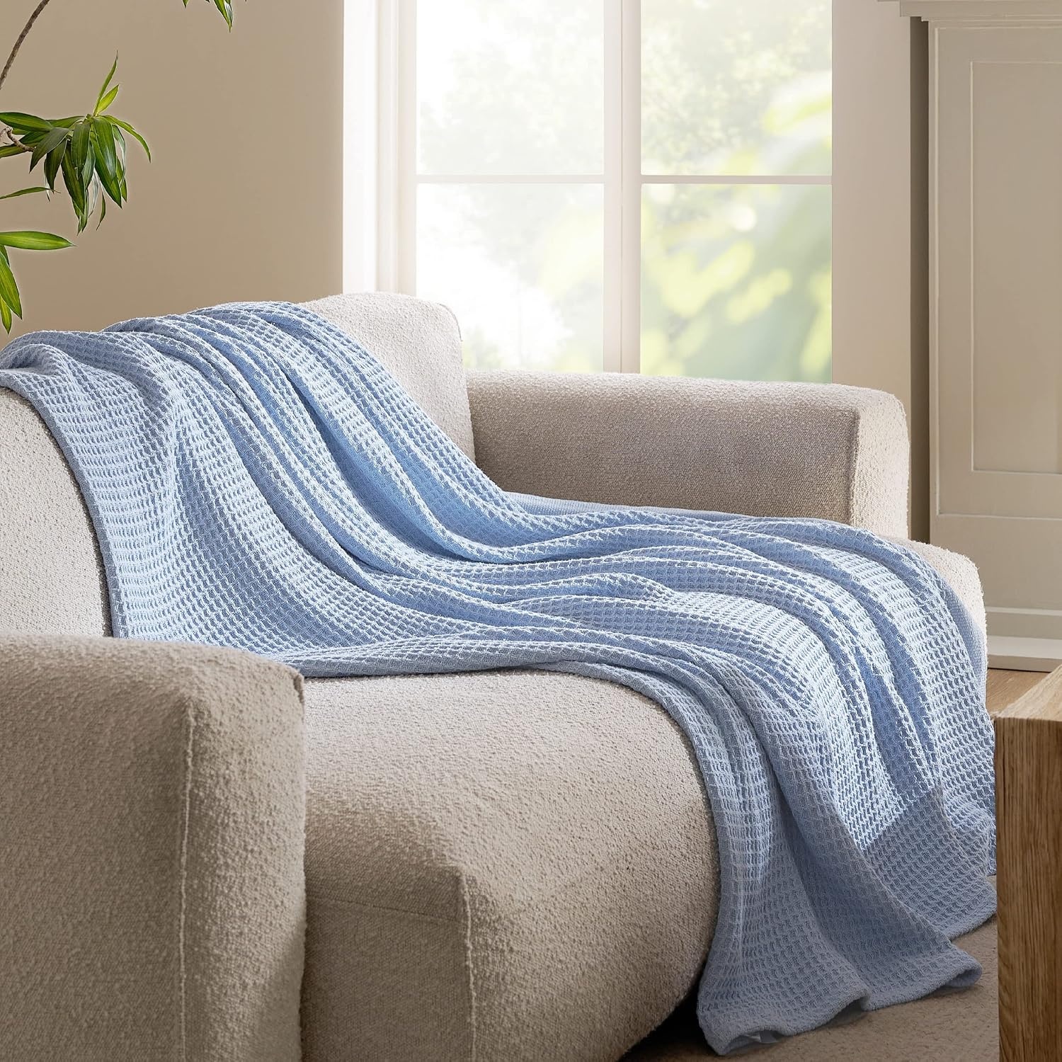 image:imageBedsure 100 Cotton Blanket Queen Size for Bed Cooling Breathable and Soft for Summer and Fall Thick Cozy Waffle Weave Blanket Gifts for Women White 90x90 Inches09 Sky Blue