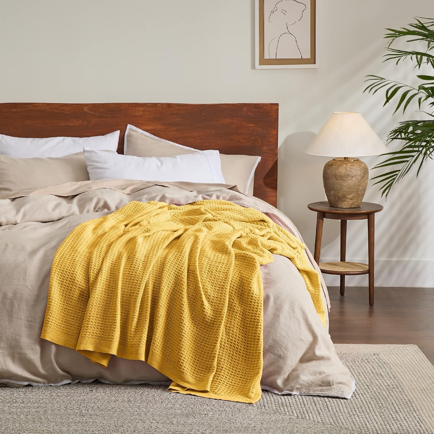 image:imageBedsure 100 Cotton Blanket Queen Size for Bed Cooling Breathable and Soft for Summer and Fall Thick Cozy Waffle Weave Blanket Gifts for Women White 90x90 Inches15 Mustard Yellow