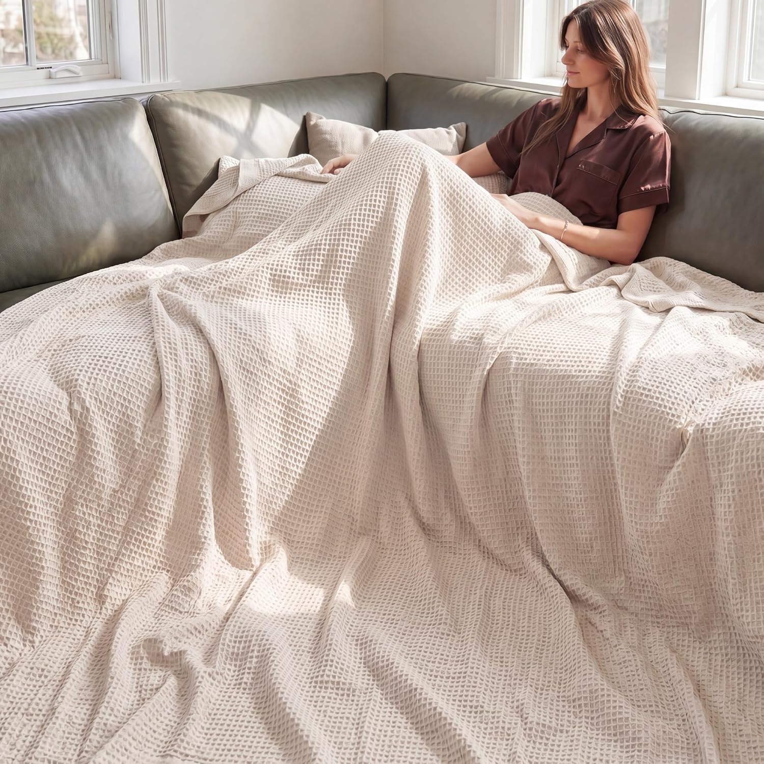 image:imageBedsure 100 Cotton Blanket Queen Size for Bed Cooling Breathable and Soft for Summer and Fall Thick Cozy Waffle Weave Blanket Gifts for Women White 90x90 Inches02 Beige