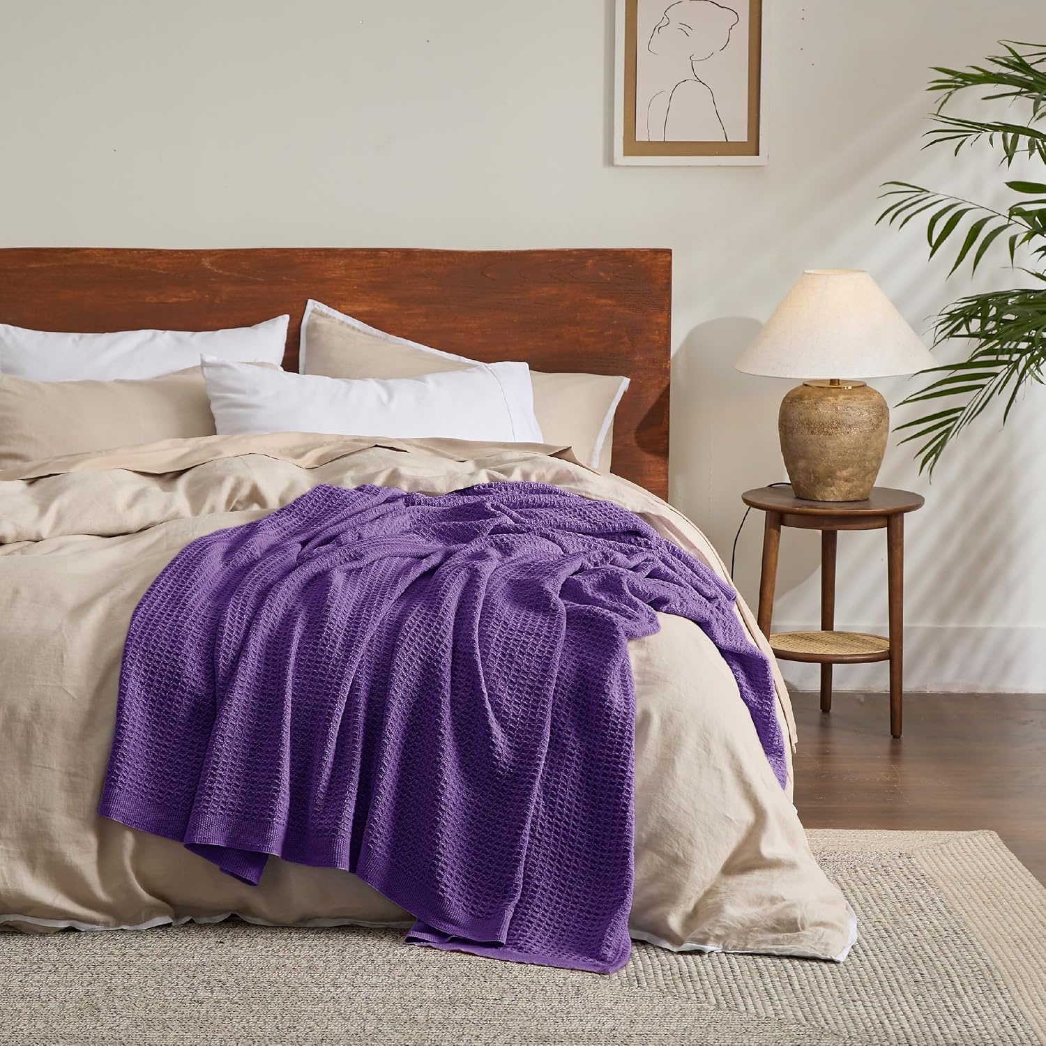 image:imageBedsure 100 Cotton Blanket Queen Size for Bed Cooling Breathable and Soft for Summer and Fall Thick Cozy Waffle Weave Blanket Gifts for Women White 90x90 Inches18 Purple
