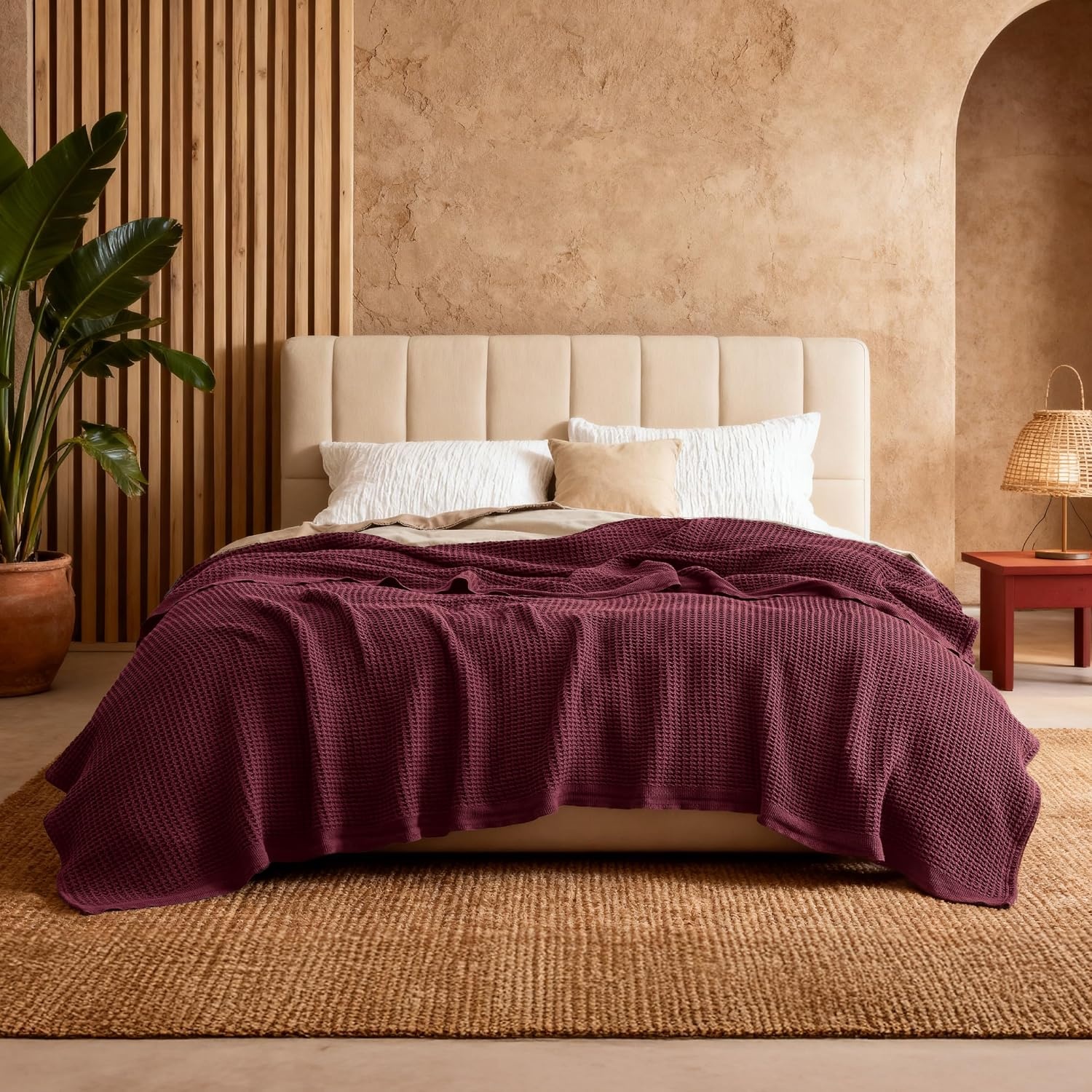 image:imageBedsure 100 Cotton Blanket Queen Size for Bed Cooling Breathable and Soft for Summer and Fall Thick Cozy Waffle Weave Blanket Gifts for Women White 90x90 Inches16 Burgundy