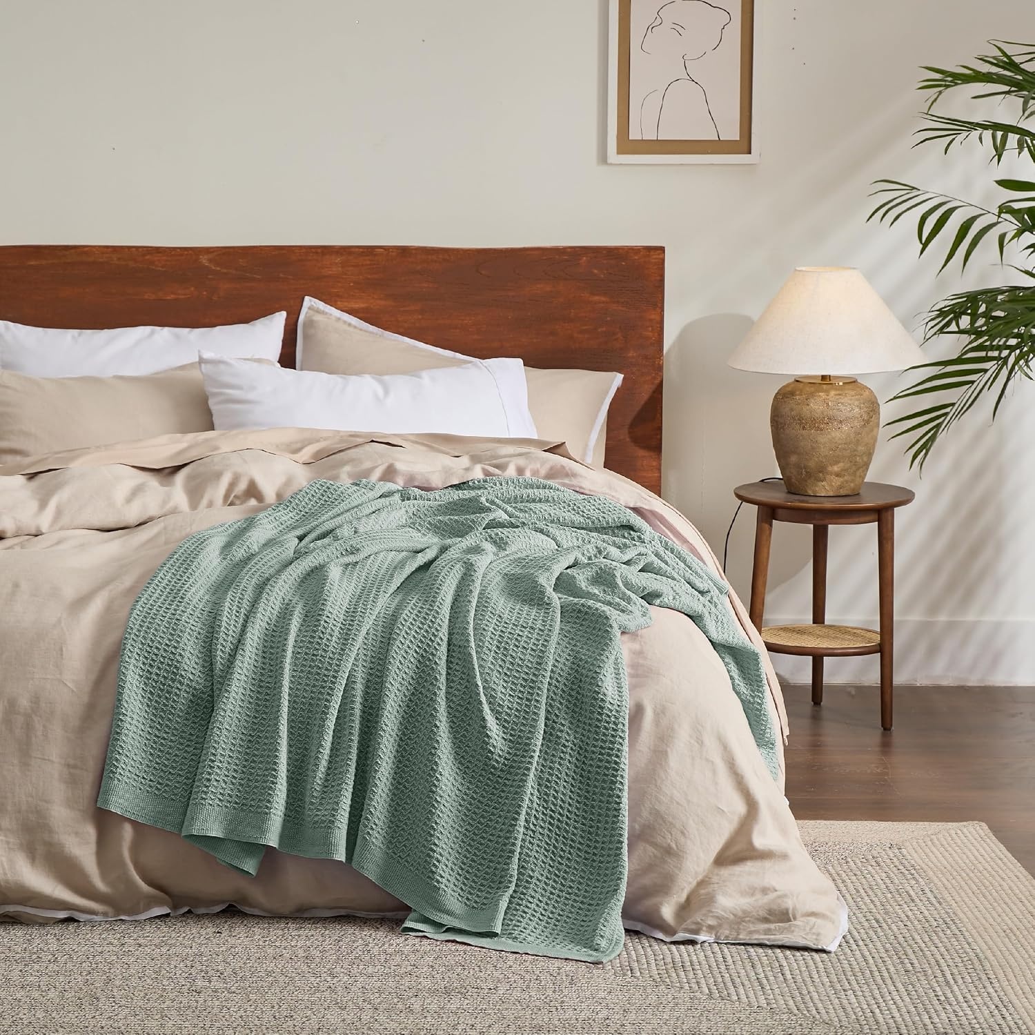 image:imageBedsure 100 Cotton Blanket Queen Size for Bed Cooling Breathable and Soft for Summer and Fall Thick Cozy Waffle Weave Blanket Gifts for Women White 90x90 Inches04 Sage Green