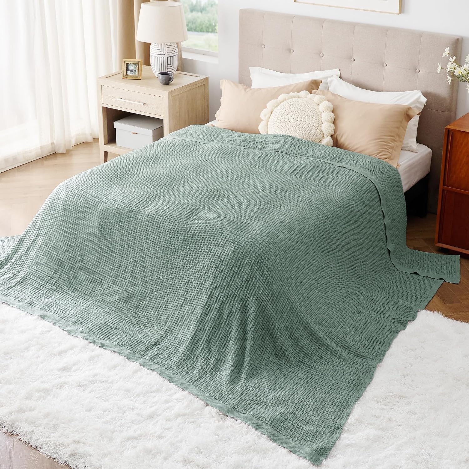 image:imageBedsure 100 Cotton Blanket Queen Size for Bed Cooling Breathable and Soft for Summer and Fall Thick Cozy Waffle Weave Blanket Gifts for Women White 90x90 Inches04 Sage Green