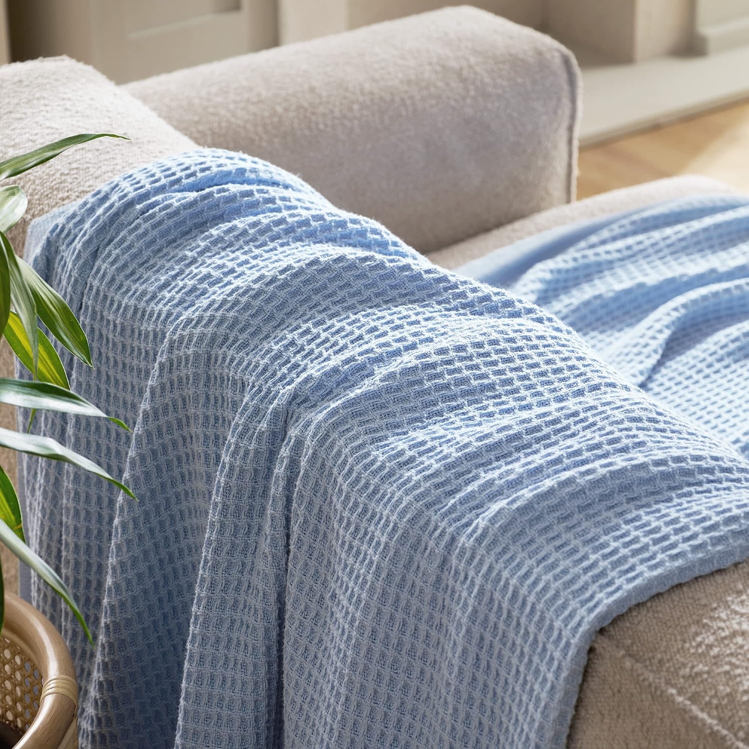 image:imageBedsure 100 Cotton Blanket Queen Size for Bed Cooling Breathable and Soft for Summer and Fall Thick Cozy Waffle Weave Blanket Gifts for Women White 90x90 Inches09 Sky Blue