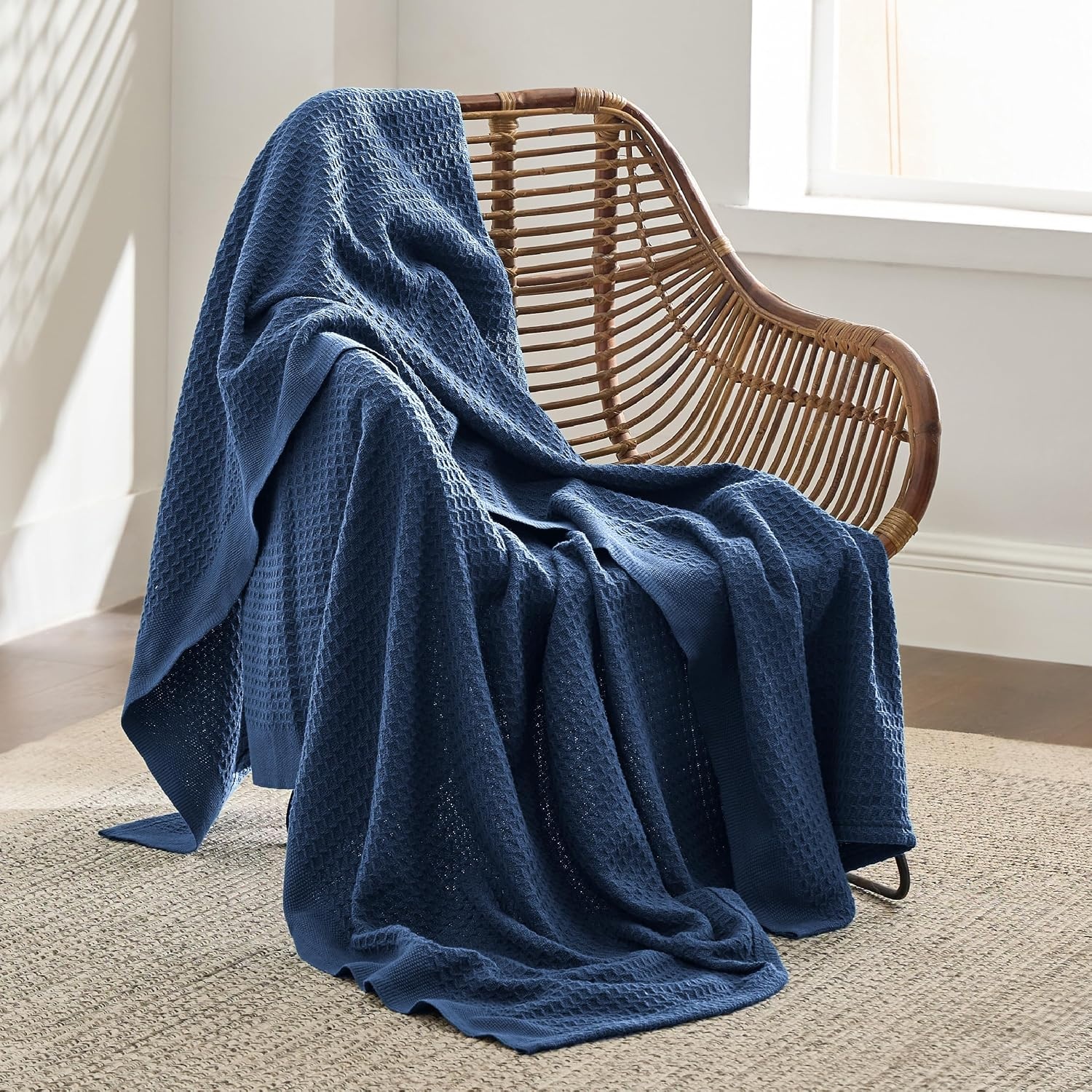 image:imageBedsure 100 Cotton Blanket Queen Size for Bed Cooling Breathable and Soft for Summer and Fall Thick Cozy Waffle Weave Blanket Gifts for Women White 90x90 Inches10 Navy