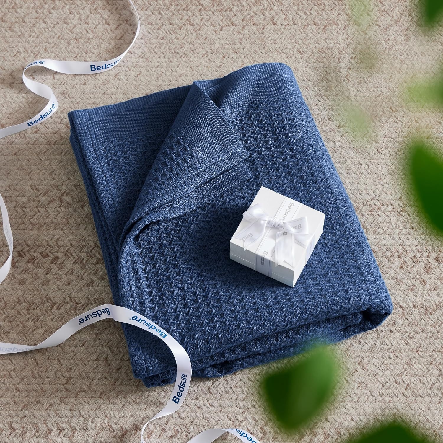 image:imageBedsure 100 Cotton Blanket Queen Size for Bed Cooling Breathable and Soft for Summer and Fall Thick Cozy Waffle Weave Blanket Gifts for Women White 90x90 Inches10 Navy