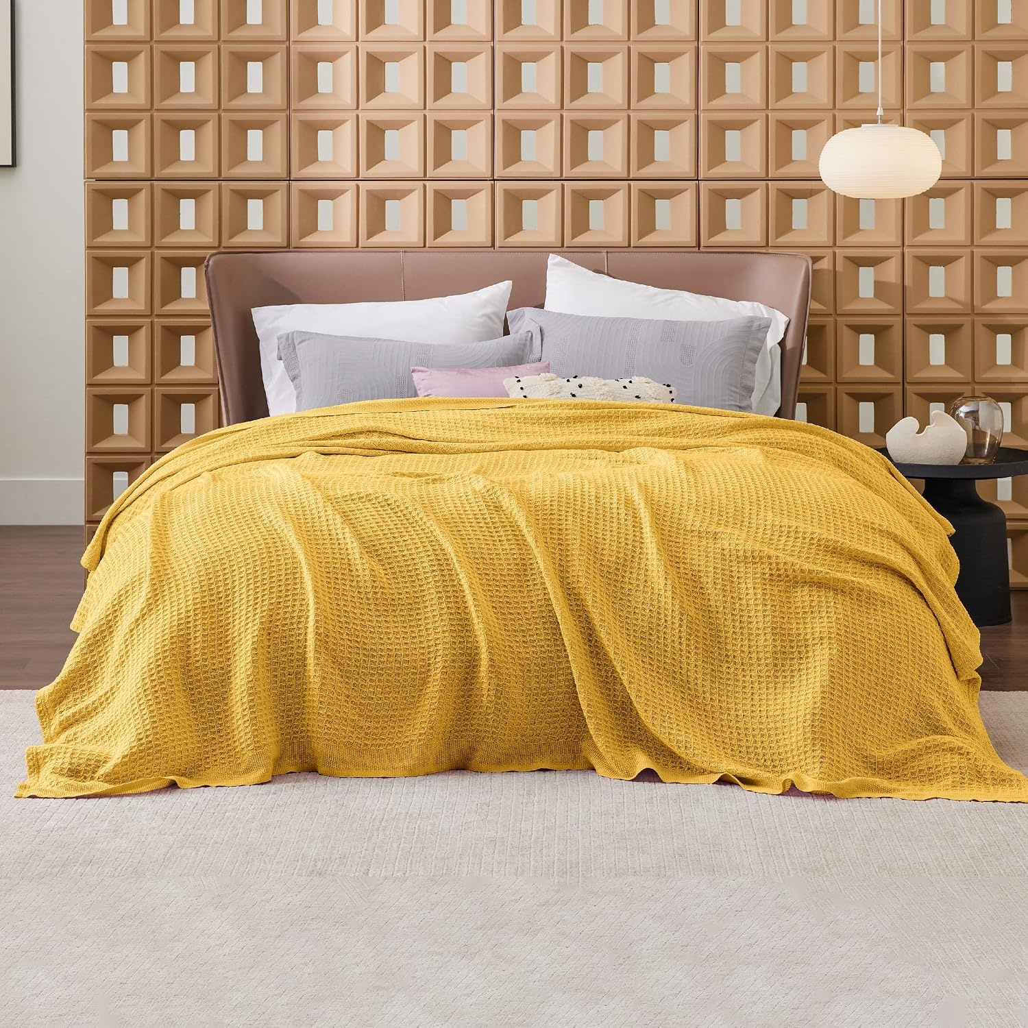 image:imageBedsure 100 Cotton Blanket Queen Size for Bed Cooling Breathable and Soft for Summer and Fall Thick Cozy Waffle Weave Blanket Gifts for Women White 90x90 Inches15 Mustard Yellow