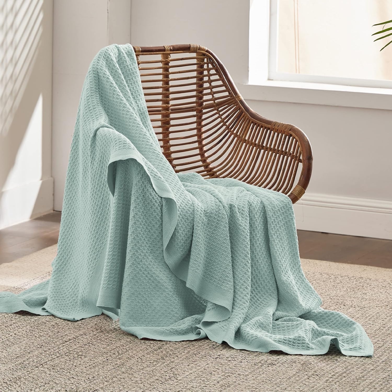 image:imageBedsure 100 Cotton Blanket Queen Size for Bed Cooling Breathable and Soft for Summer and Fall Thick Cozy Waffle Weave Blanket Gifts for Women White 90x90 Inches14 Mint