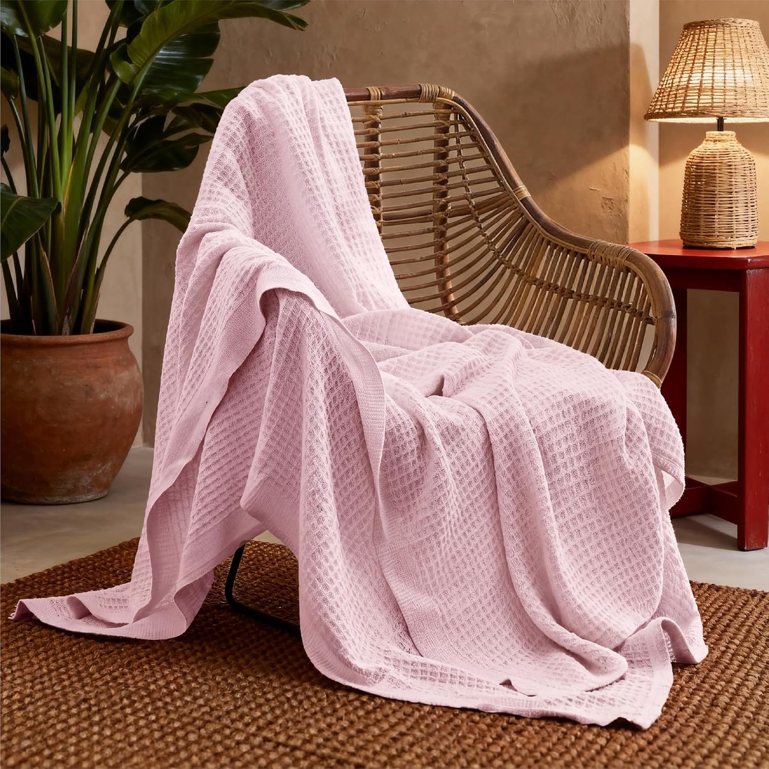image:imageBedsure 100 Cotton Blanket Queen Size for Bed Cooling Breathable and Soft for Summer and Fall Thick Cozy Waffle Weave Blanket Gifts for Women White 90x90 Inches06 Pink