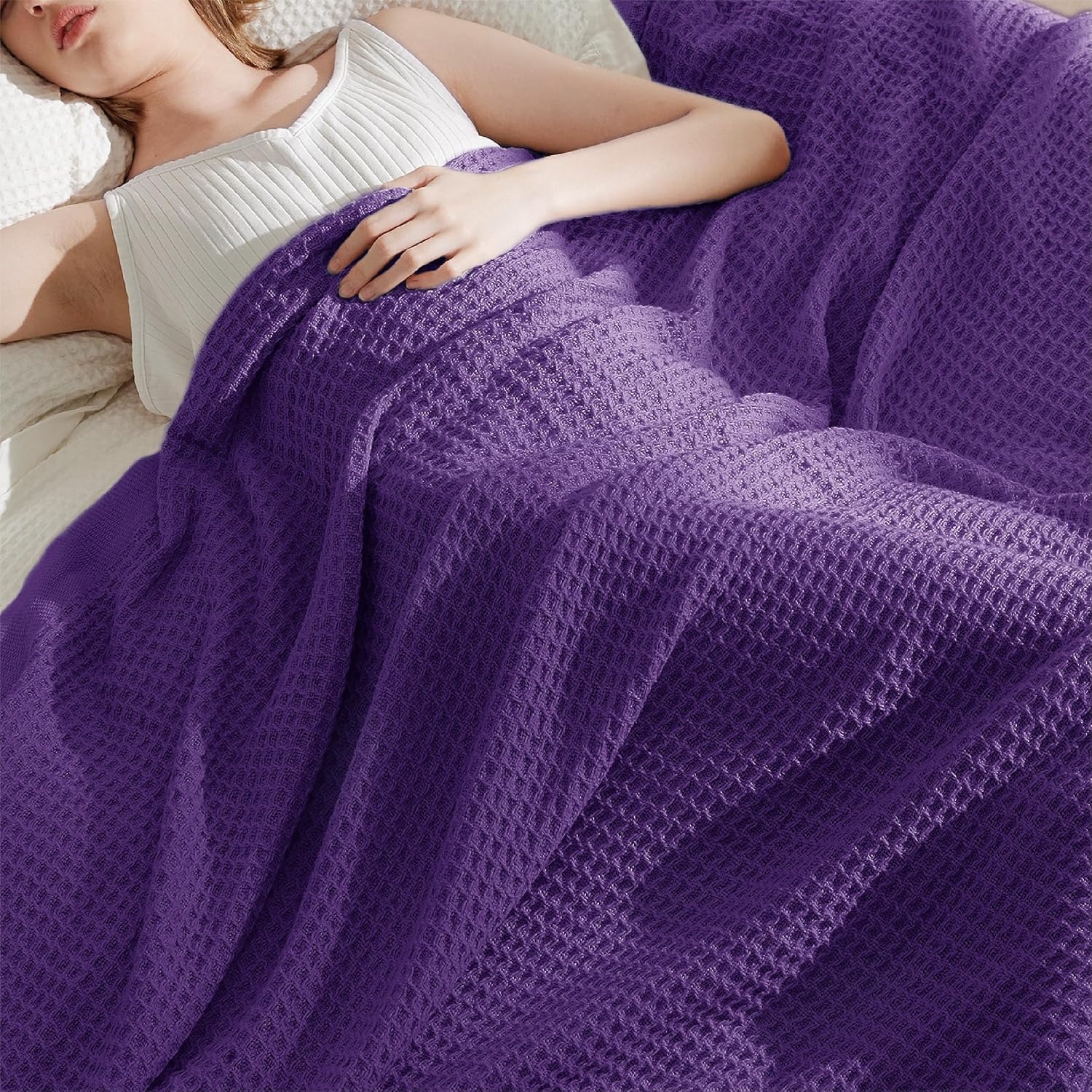 image:imageBedsure 100 Cotton Blanket Queen Size for Bed Cooling Breathable and Soft for Summer and Fall Thick Cozy Waffle Weave Blanket Gifts for Women White 90x90 Inches18 Purple