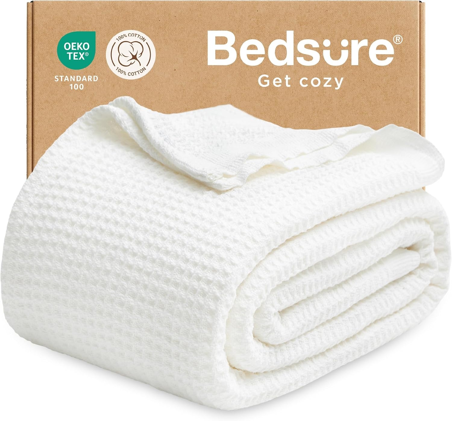 image:imageBedsure 100 Cotton Blanket Queen Size for Bed Cooling Breathable and Soft for Summer and Fall Thick Cozy Waffle Weave Blanket Gifts for Women White 90x90 Inches01 White