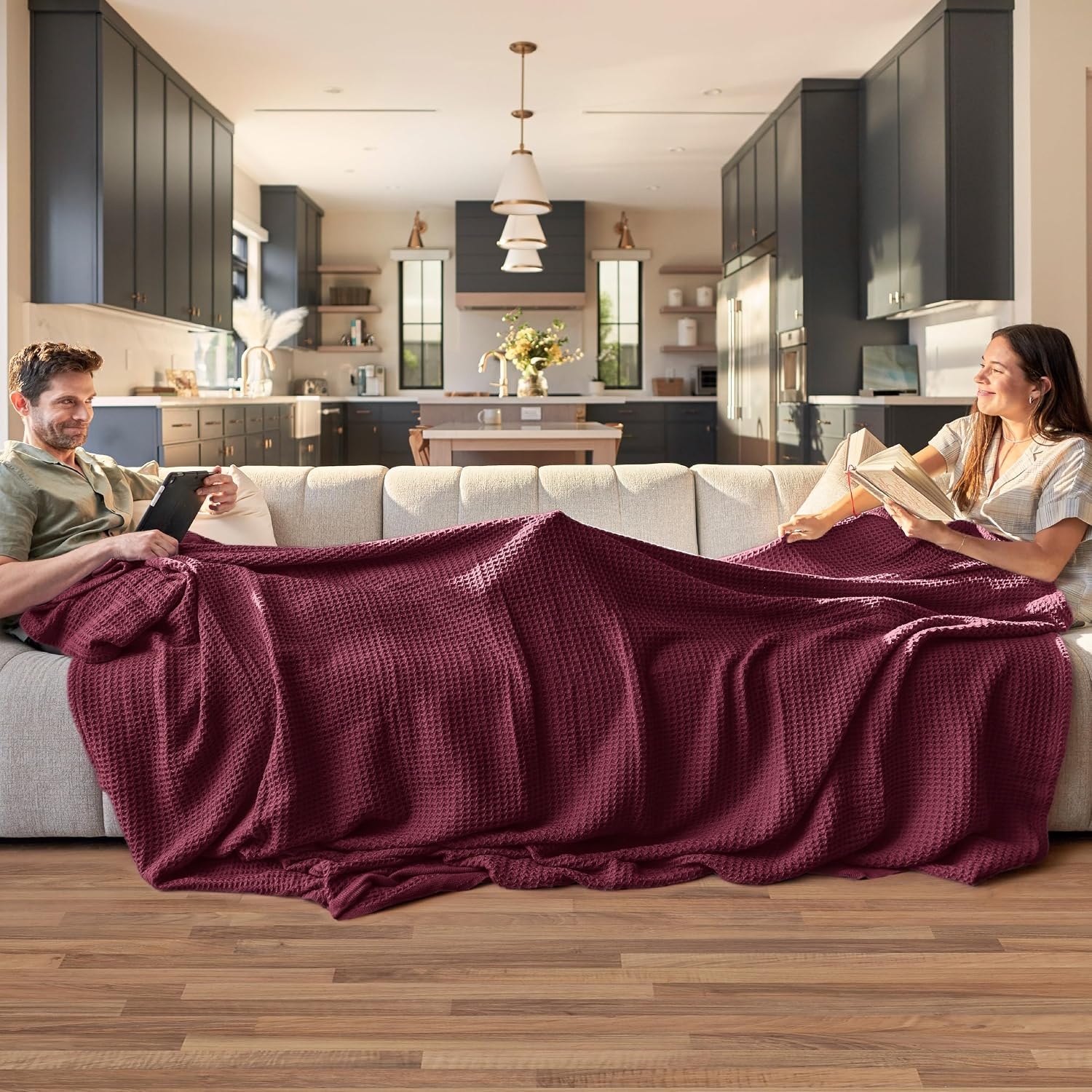 image:imageBedsure 100 Cotton Blanket Queen Size for Bed Cooling Breathable and Soft for Summer and Fall Thick Cozy Waffle Weave Blanket Gifts for Women White 90x90 Inches22 Red
