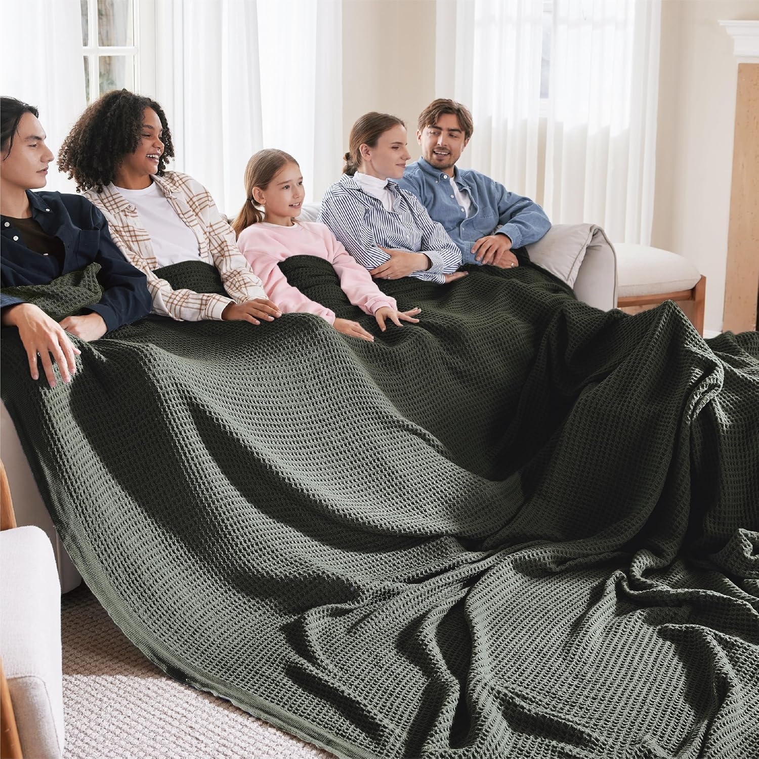 image:imageBedsure 100 Cotton Blanket Queen Size for Bed Cooling Breathable and Soft for Summer and Fall Thick Cozy Waffle Weave Blanket Gifts for Women White 90x90 Inches05 Olive Green