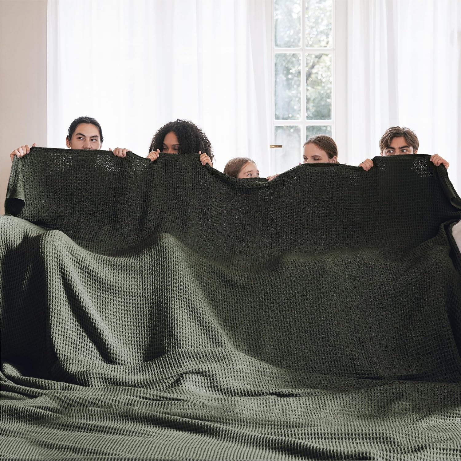 image:imageBedsure 100 Cotton Blanket Queen Size for Bed Cooling Breathable and Soft for Summer and Fall Thick Cozy Waffle Weave Blanket Gifts for Women White 90x90 Inches05 Olive Green