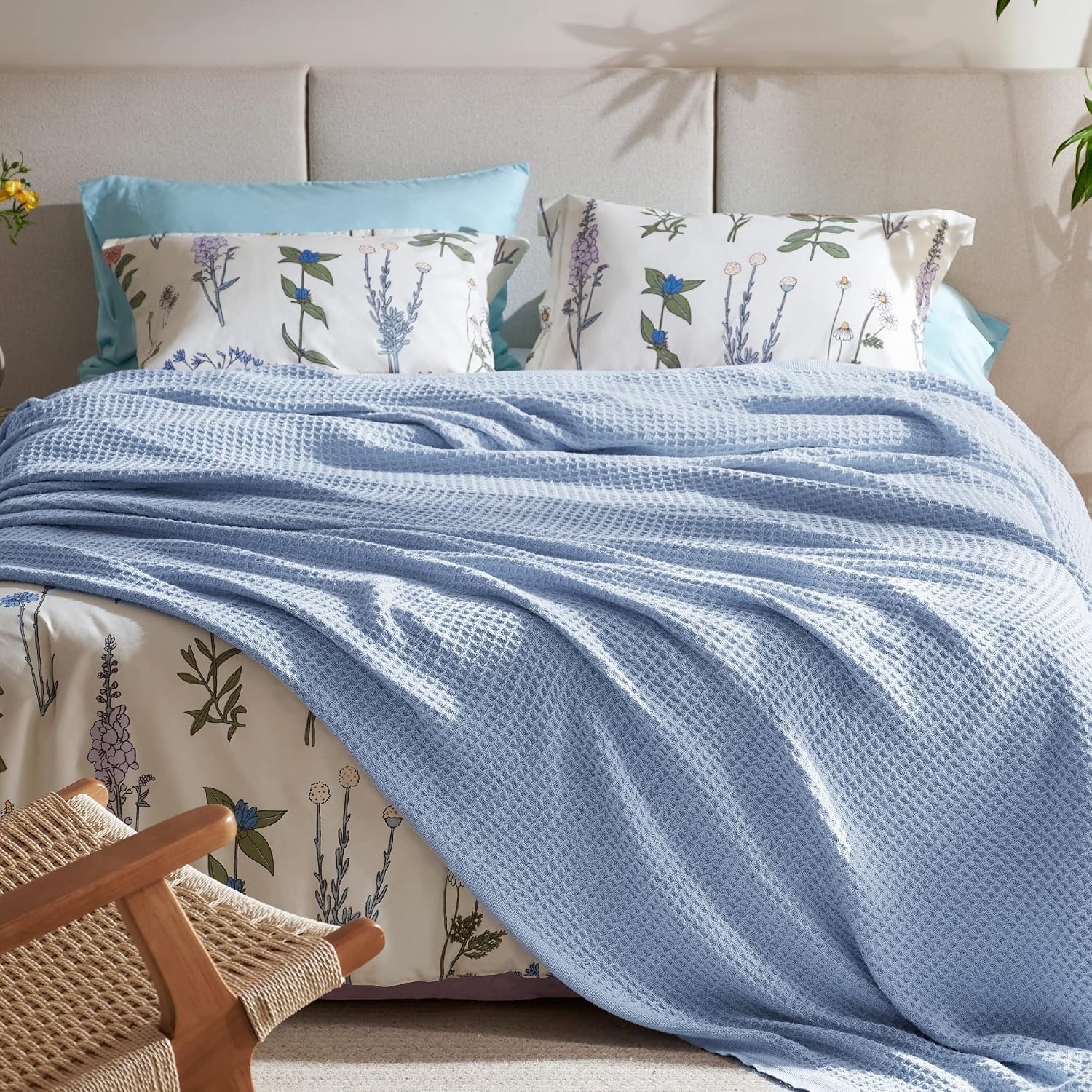 image:imageBedsure 100 Cotton Blanket Queen Size for Bed Cooling Breathable and Soft for Summer and Fall Thick Cozy Waffle Weave Blanket Gifts for Women White 90x90 Inches09 Sky Blue