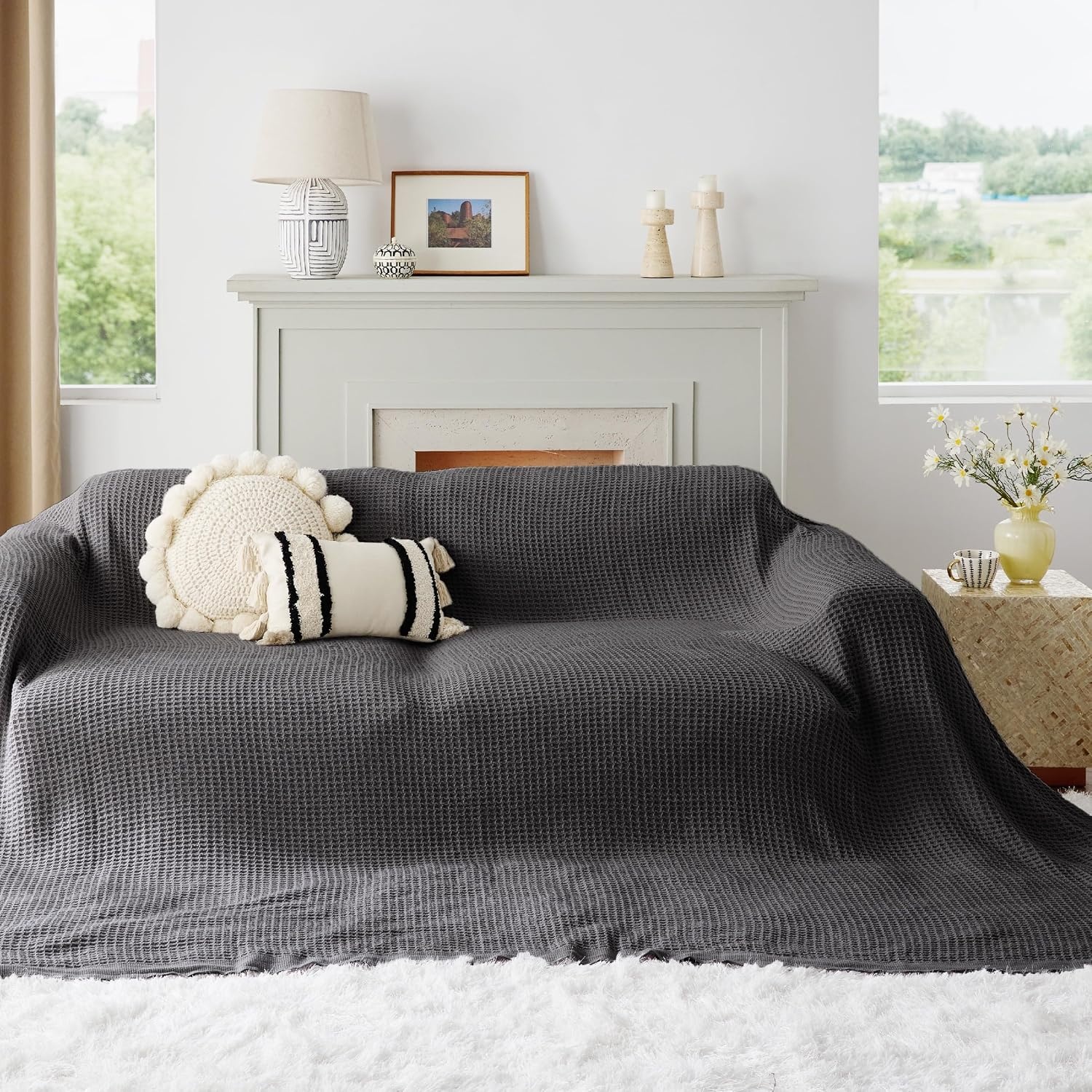 image:imageBedsure 100 Cotton Blanket Queen Size for Bed Cooling Breathable and Soft for Summer and Fall Thick Cozy Waffle Weave Blanket Gifts for Women White 90x90 Inches12 Dark Grey