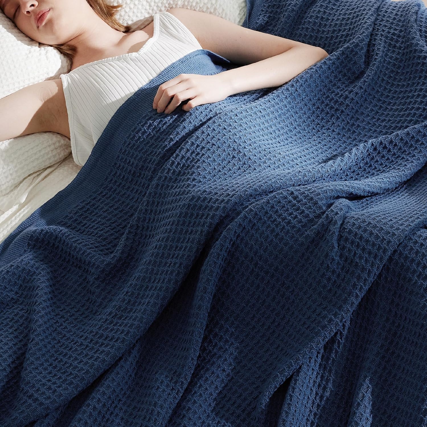 image:imageBedsure 100 Cotton Blanket Queen Size for Bed Cooling Breathable and Soft for Summer and Fall Thick Cozy Waffle Weave Blanket Gifts for Women White 90x90 Inches10 Navy