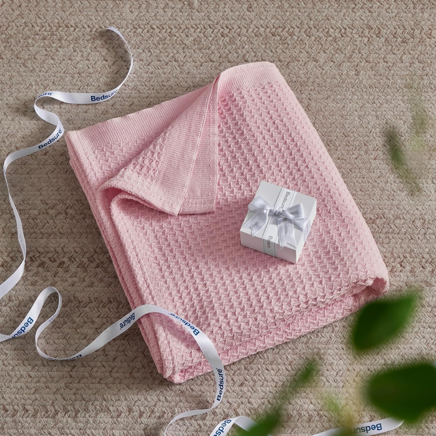 image:imageBedsure 100 Cotton Blanket Queen Size for Bed Cooling Breathable and Soft for Summer and Fall Thick Cozy Waffle Weave Blanket Gifts for Women White 90x90 Inches20 Light Pink