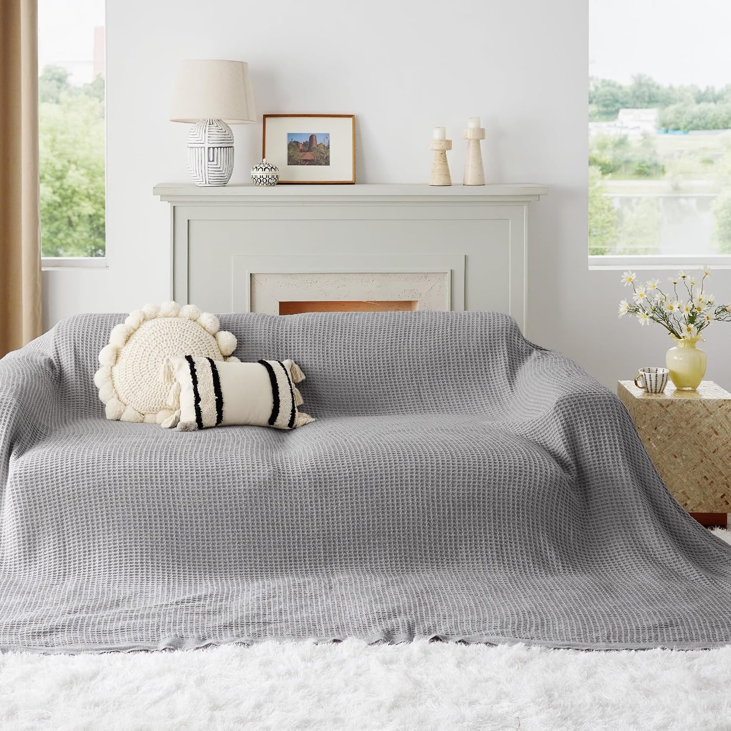 image:imageBedsure 100 Cotton Blanket Queen Size for Bed Cooling Breathable and Soft for Summer and Fall Thick Cozy Waffle Weave Blanket Gifts for Women White 90x90 Inches08 Grey