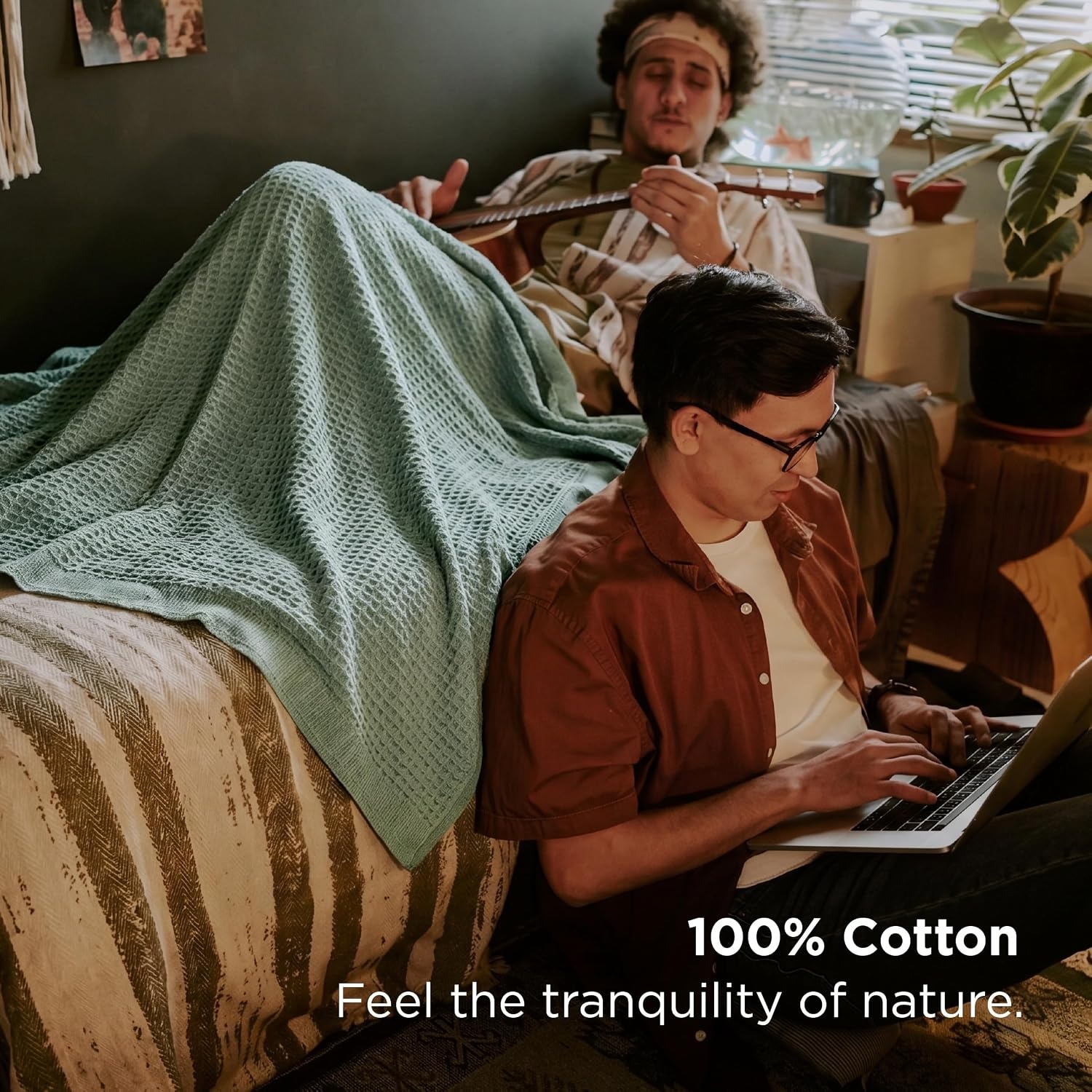 image:imageBedsure 100 Cotton Blanket Queen Size for Bed Cooling Breathable and Soft for Summer and Fall Thick Cozy Waffle Weave Blanket Gifts for Women White 90x90 Inches04 Sage Green