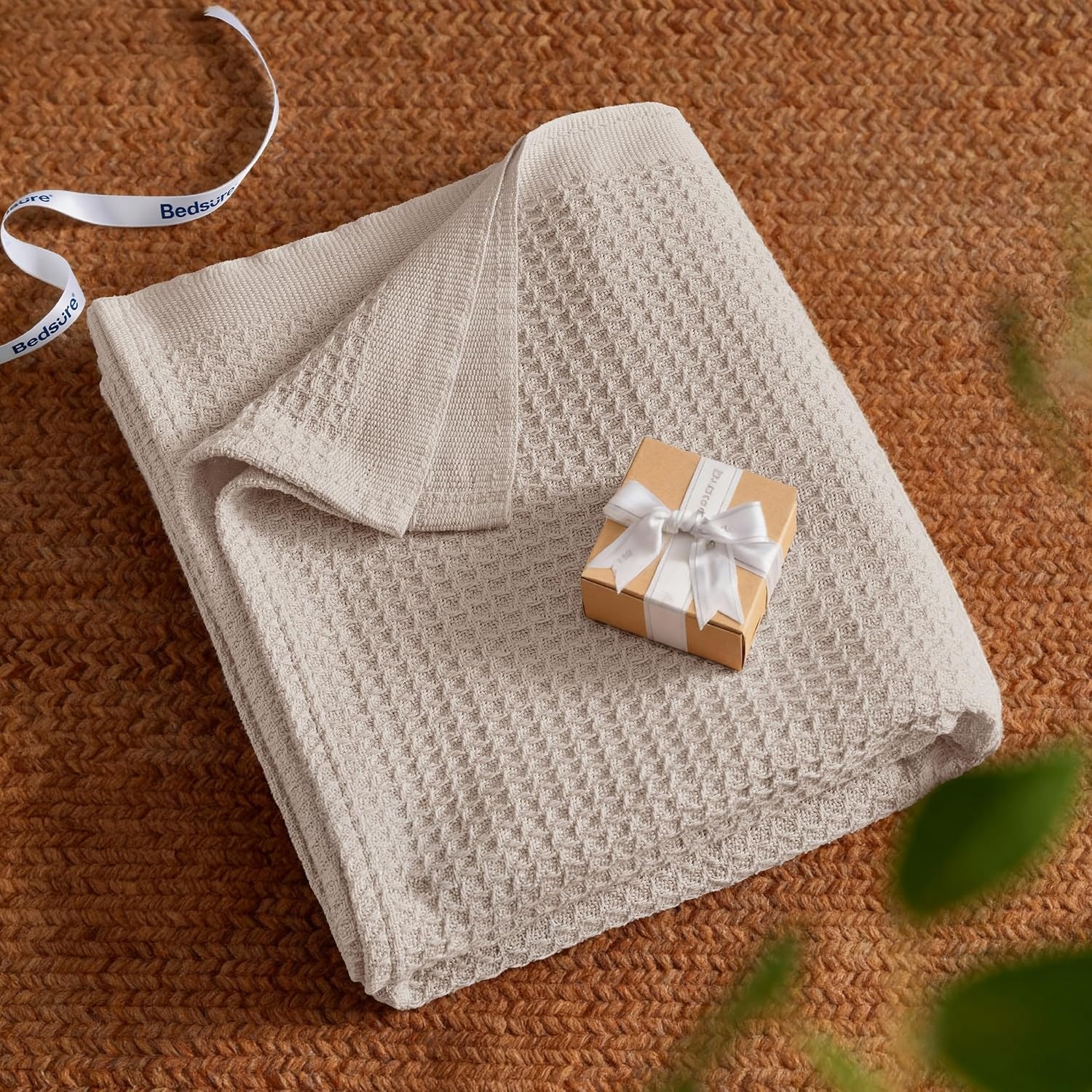 image:imageBedsure 100 Cotton Blanket Queen Size for Bed Cooling Breathable and Soft for Summer and Fall Thick Cozy Waffle Weave Blanket Gifts for Women White 90x90 Inches02 Beige