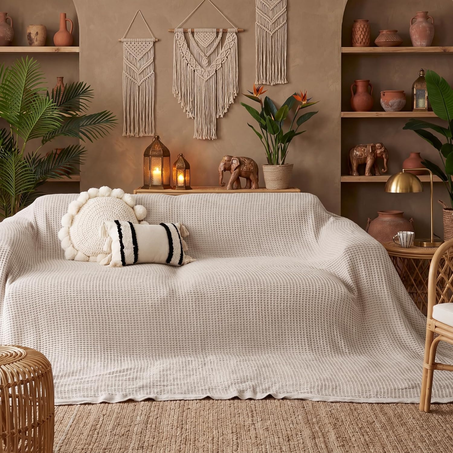 image:imageBedsure 100 Cotton Blanket Queen Size for Bed Cooling Breathable and Soft for Summer and Fall Thick Cozy Waffle Weave Blanket Gifts for Women White 90x90 Inches02 Beige