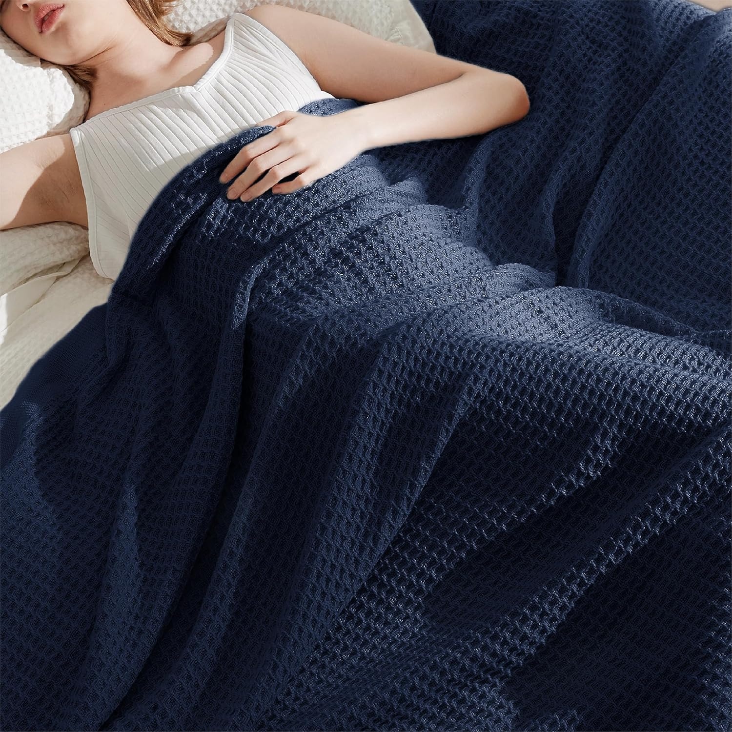 image:imageBedsure 100 Cotton Blanket Queen Size for Bed Cooling Breathable and Soft for Summer and Fall Thick Cozy Waffle Weave Blanket Gifts for Women White 90x90 Inches18 Pageant Blue