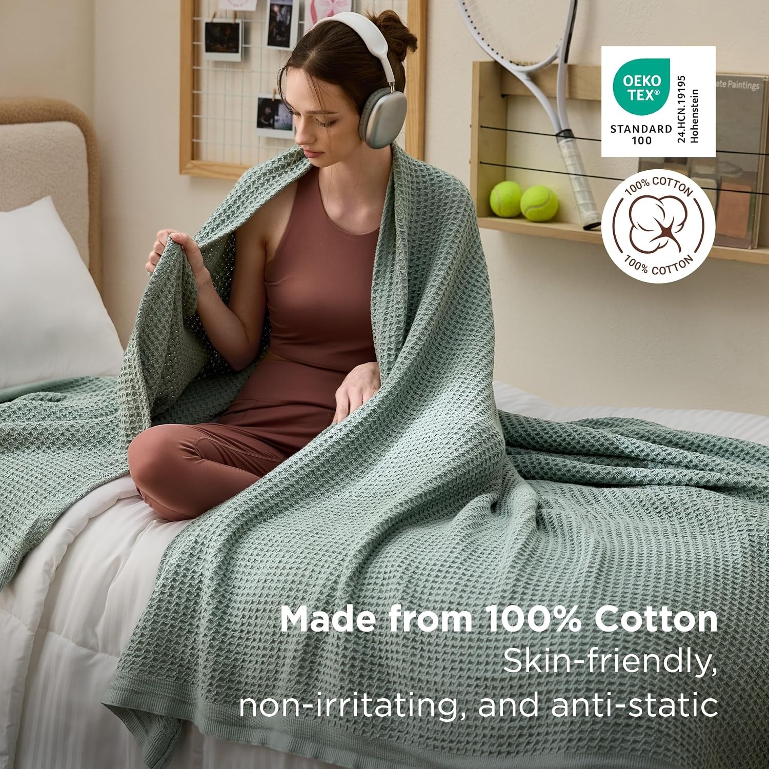 image:imageBedsure 100 Cotton Blanket Queen Size for Bed Cooling Breathable and Soft for Summer and Fall Thick Cozy Waffle Weave Blanket Gifts for Women White 90x90 Inches04 Sage Green