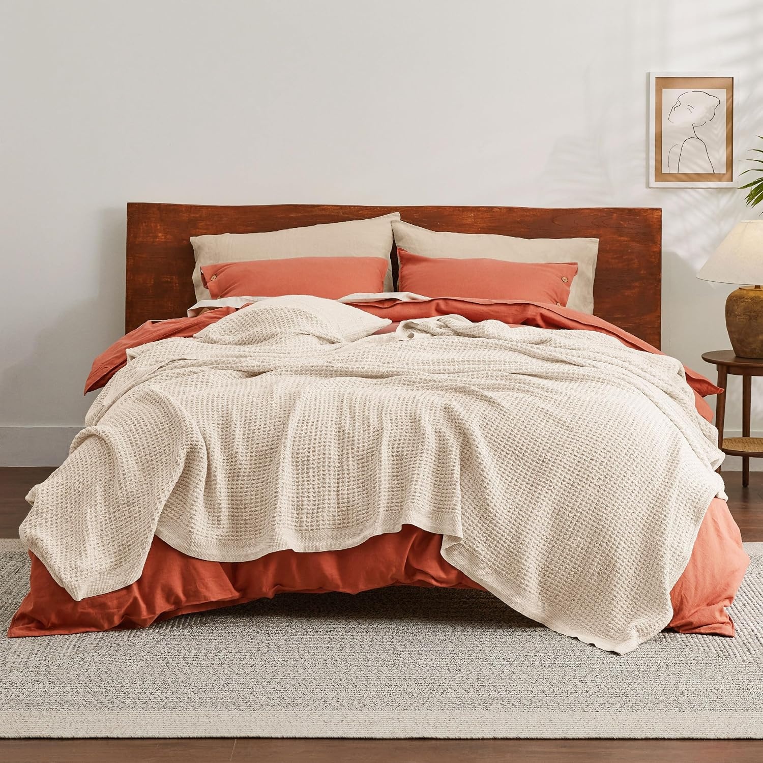 image:imageBedsure 100 Cotton Blanket Queen Size for Bed Cooling Breathable and Soft for Summer and Fall Thick Cozy Waffle Weave Blanket Gifts for Women White 90x90 Inches10 Yellowish Cream