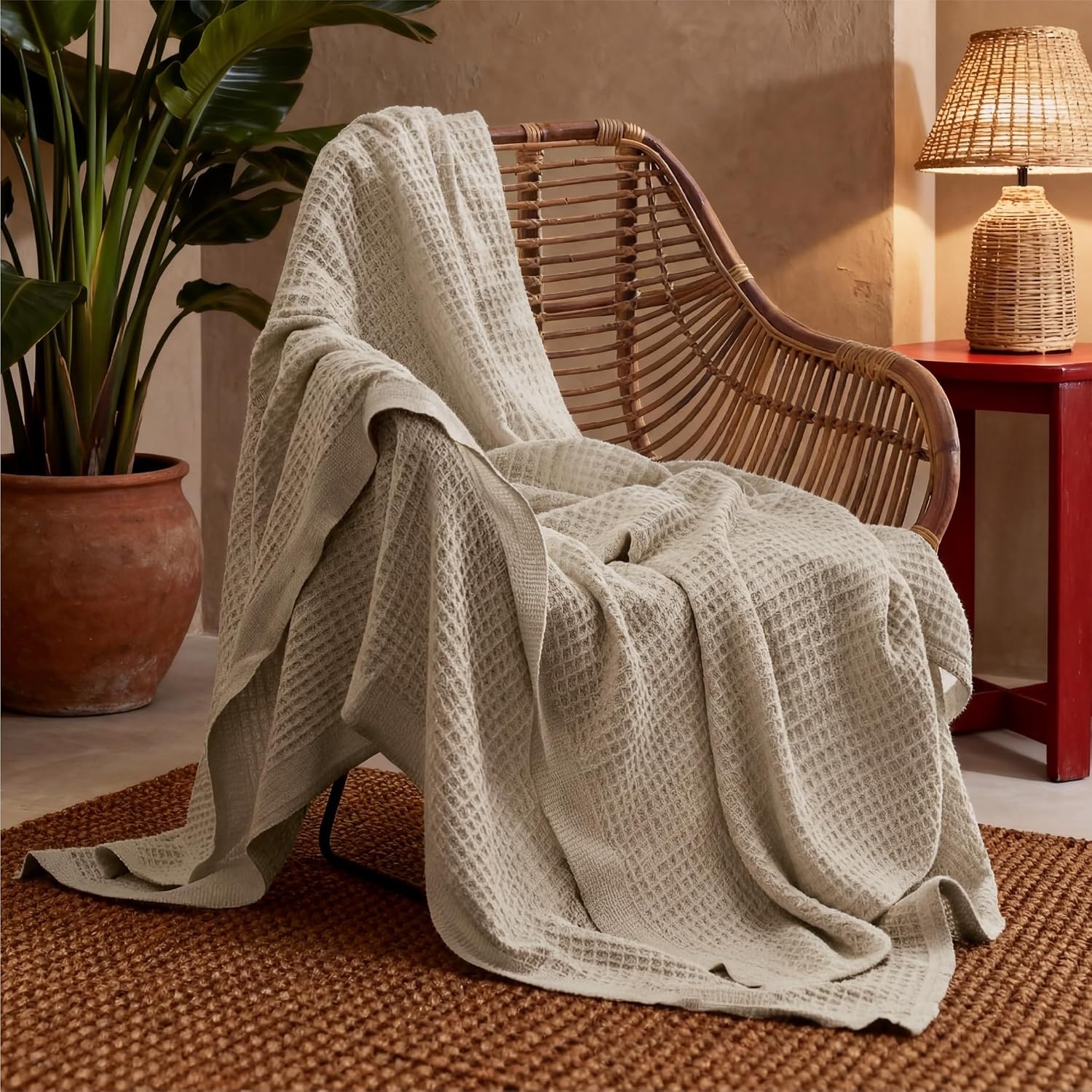 image:imageBedsure 100 Cotton Blanket Queen Size for Bed Cooling Breathable and Soft for Summer and Fall Thick Cozy Waffle Weave Blanket Gifts for Women White 90x90 Inches03 Taupe