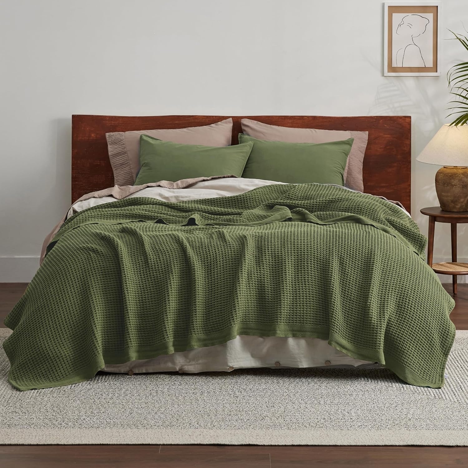 image:imageBedsure 100 Cotton Blanket Queen Size for Bed Cooling Breathable and Soft for Summer and Fall Thick Cozy Waffle Weave Blanket Gifts for Women White 90x90 Inches11 Moss Green