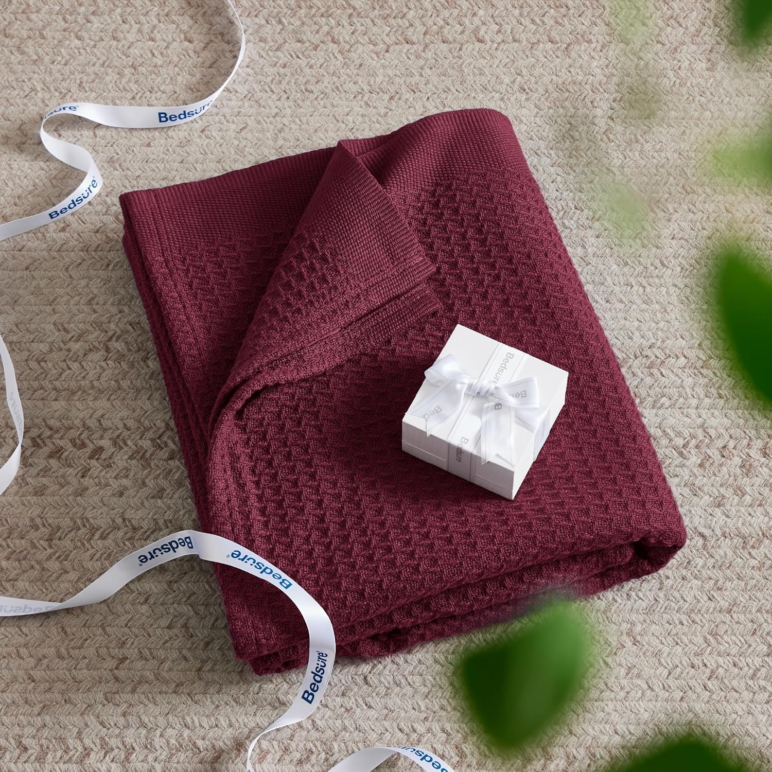 image:imageBedsure 100 Cotton Blanket Queen Size for Bed Cooling Breathable and Soft for Summer and Fall Thick Cozy Waffle Weave Blanket Gifts for Women White 90x90 Inches22 Red