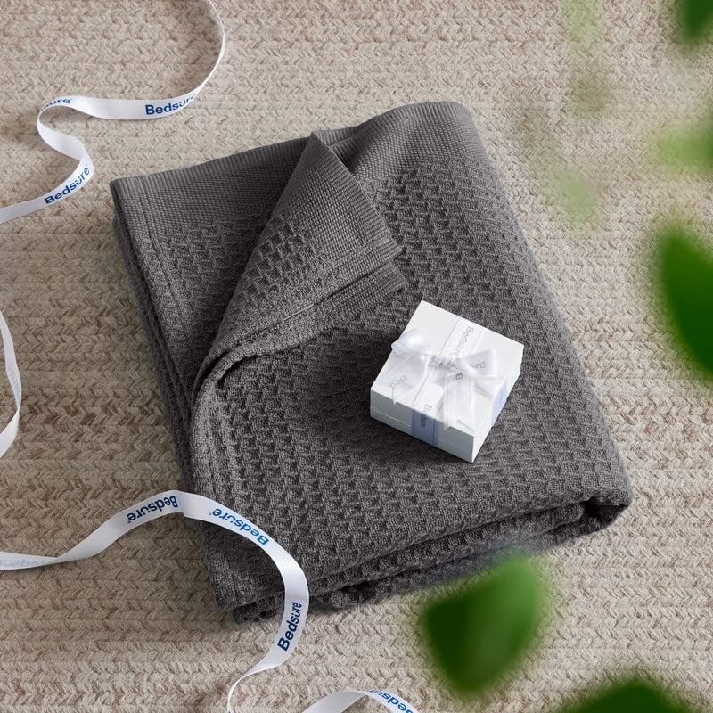 image:imageBedsure 100 Cotton Blanket Queen Size for Bed Cooling Breathable and Soft for Summer and Fall Thick Cozy Waffle Weave Blanket Gifts for Women White 90x90 Inches12 Dark Grey