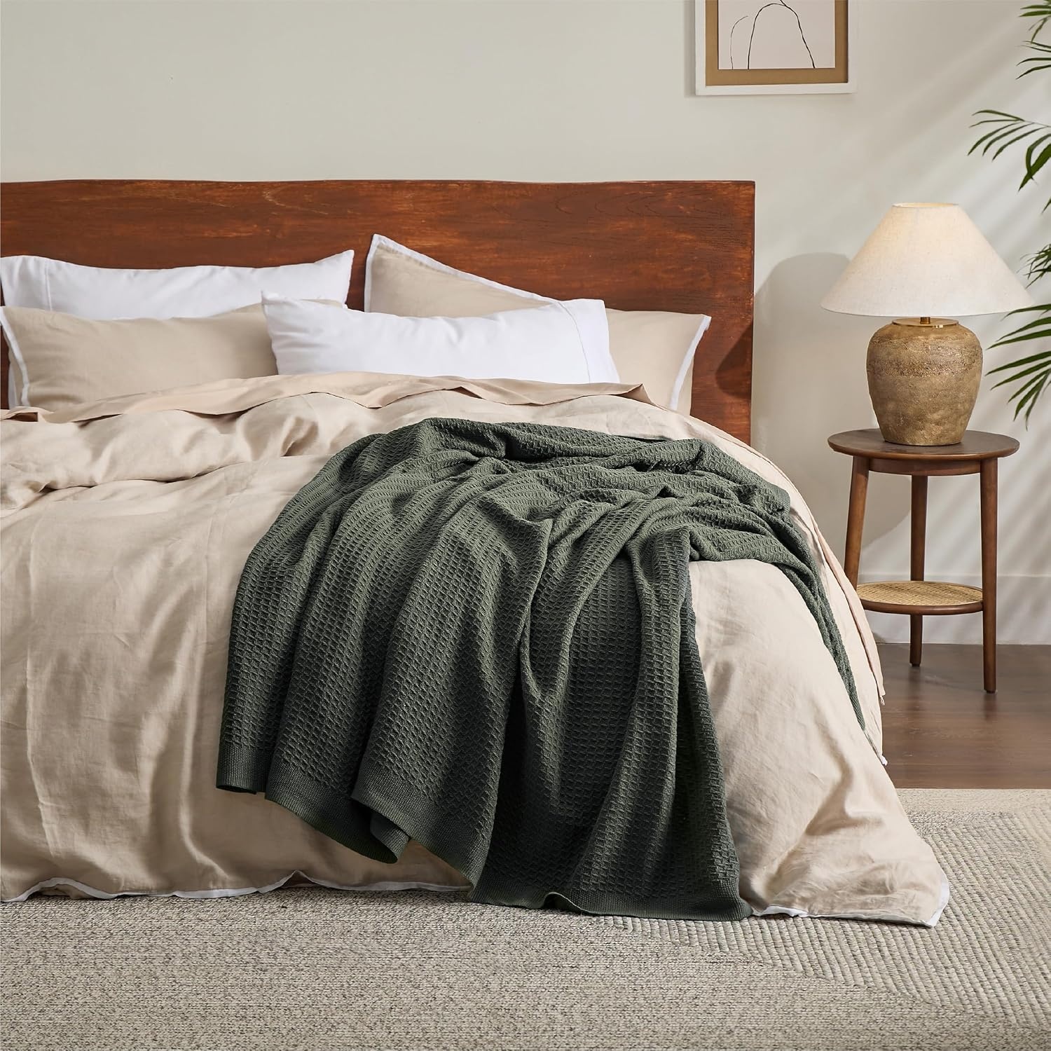image:imageBedsure 100 Cotton Blanket Queen Size for Bed Cooling Breathable and Soft for Summer and Fall Thick Cozy Waffle Weave Blanket Gifts for Women White 90x90 Inches05 Olive Green