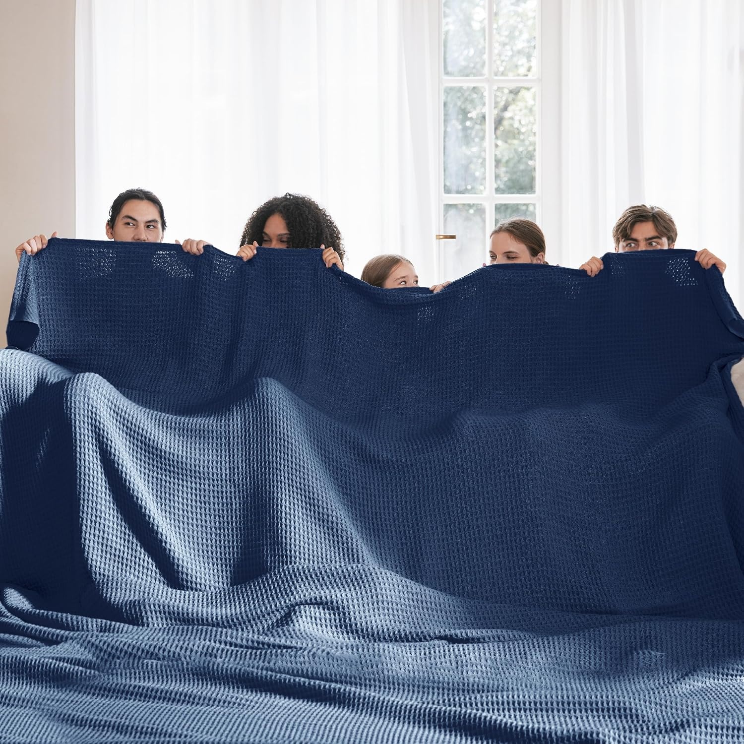 image:imageBedsure 100 Cotton Blanket Queen Size for Bed Cooling Breathable and Soft for Summer and Fall Thick Cozy Waffle Weave Blanket Gifts for Women White 90x90 Inches10 Navy