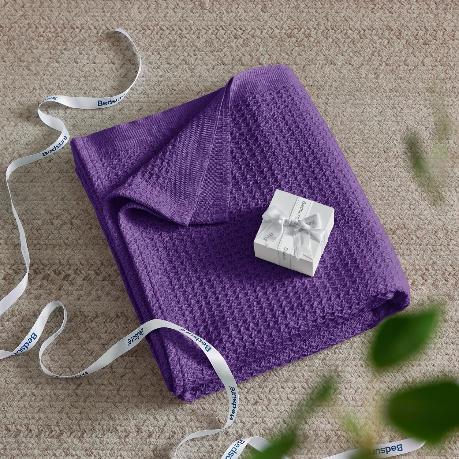 image:imageBedsure 100 Cotton Blanket Queen Size for Bed Cooling Breathable and Soft for Summer and Fall Thick Cozy Waffle Weave Blanket Gifts for Women White 90x90 Inches18 Purple