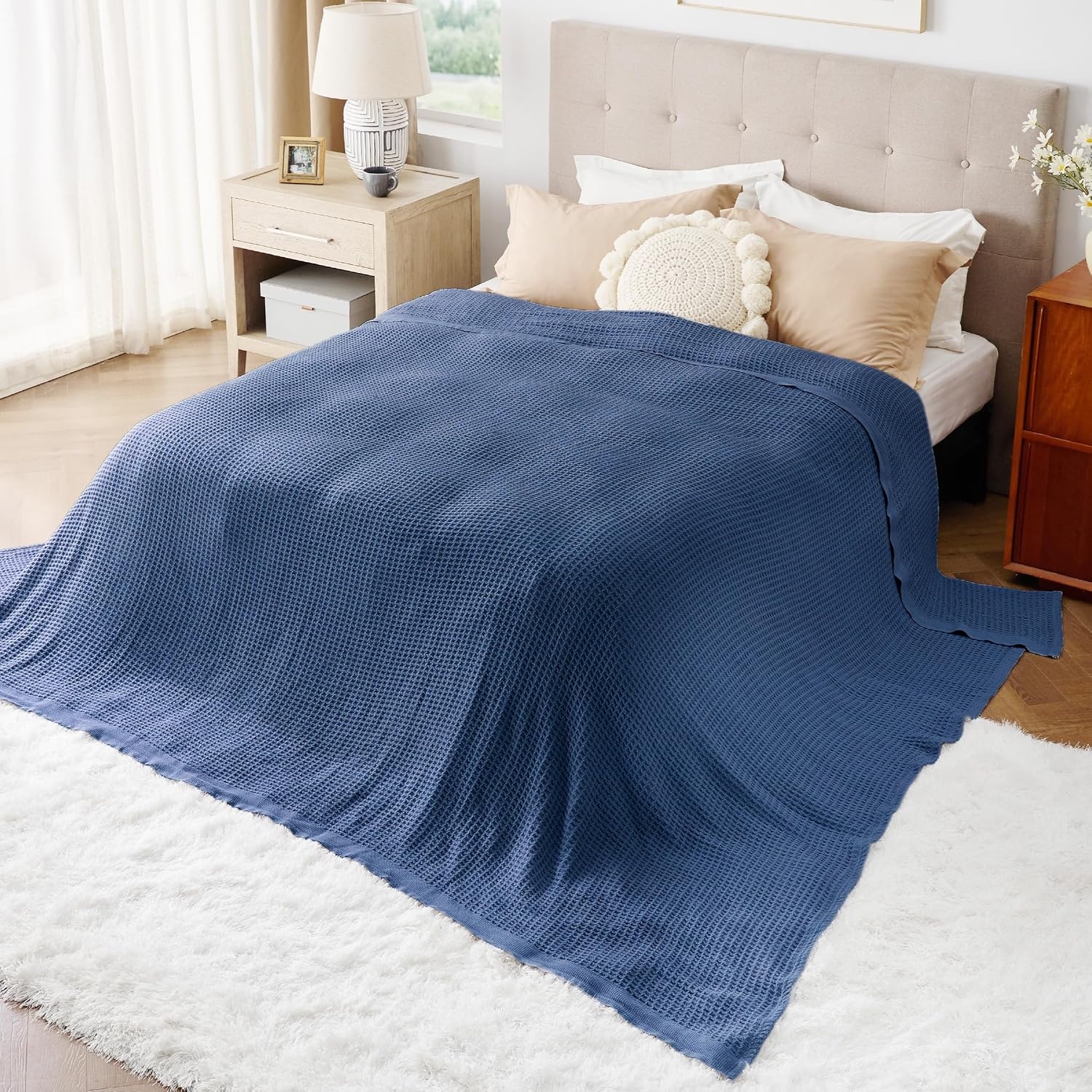 image:imageBedsure 100 Cotton Blanket Queen Size for Bed Cooling Breathable and Soft for Summer and Fall Thick Cozy Waffle Weave Blanket Gifts for Women White 90x90 Inches10 Navy