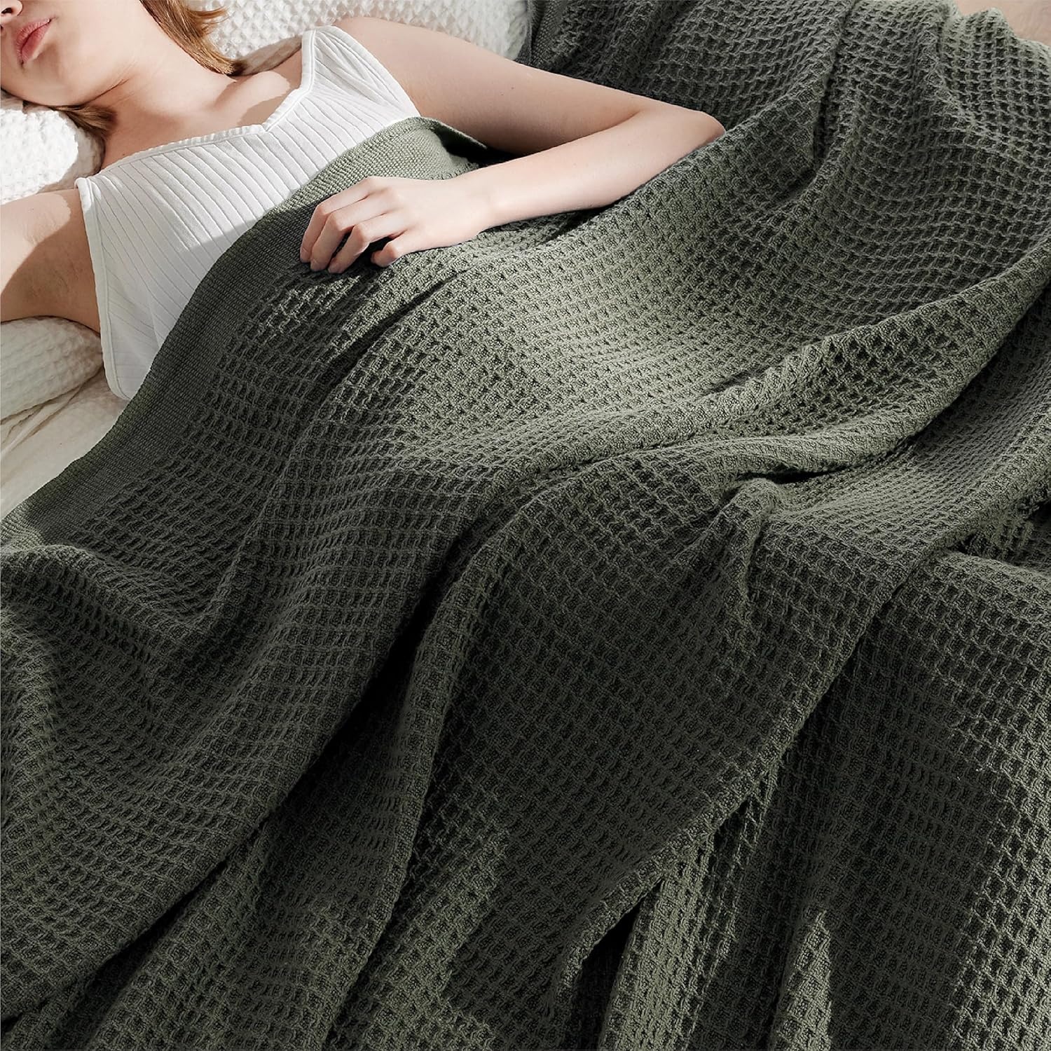 image:imageBedsure 100 Cotton Blanket Queen Size for Bed Cooling Breathable and Soft for Summer and Fall Thick Cozy Waffle Weave Blanket Gifts for Women White 90x90 Inches05 Olive Green