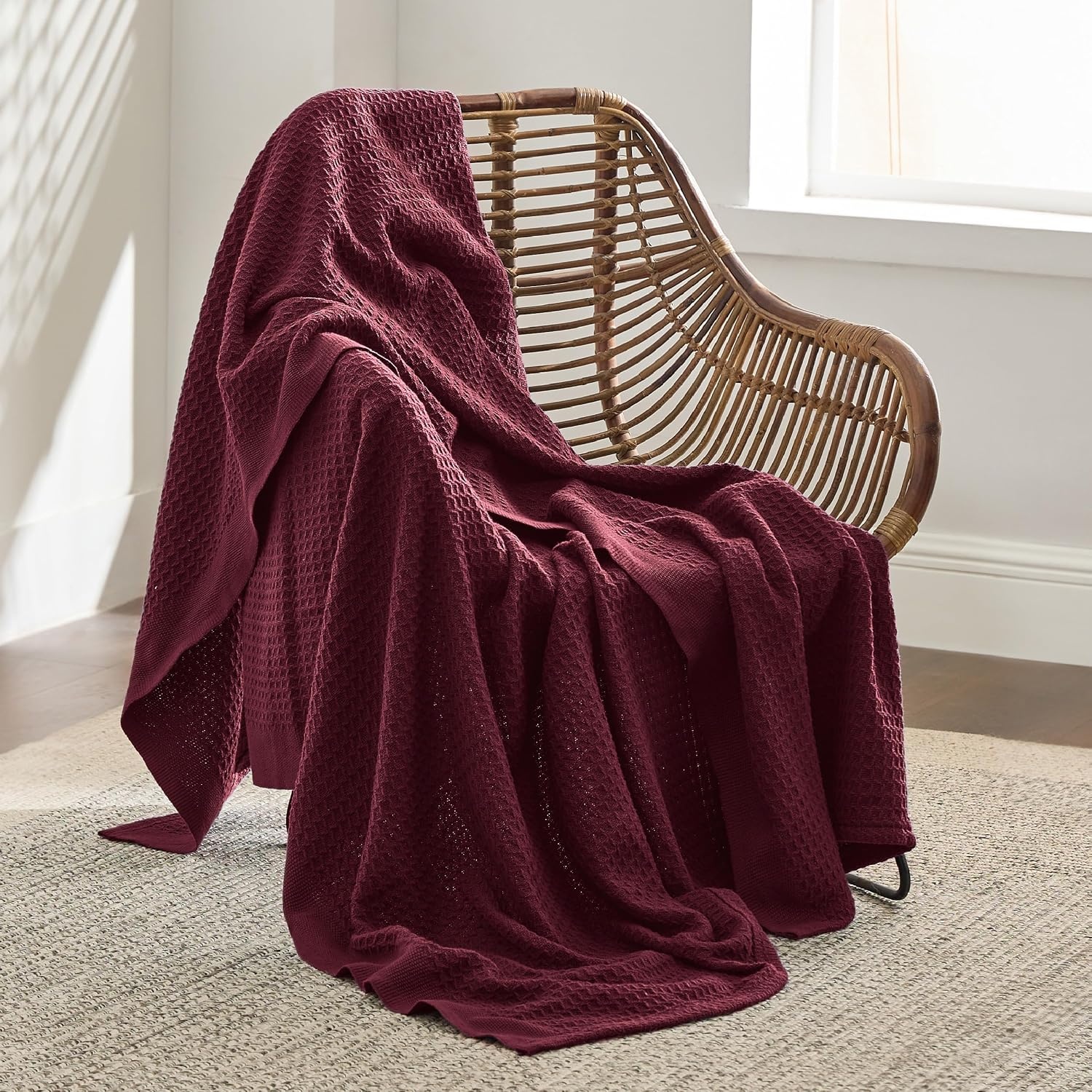 image:imageBedsure 100 Cotton Blanket Queen Size for Bed Cooling Breathable and Soft for Summer and Fall Thick Cozy Waffle Weave Blanket Gifts for Women White 90x90 Inches22 Red
