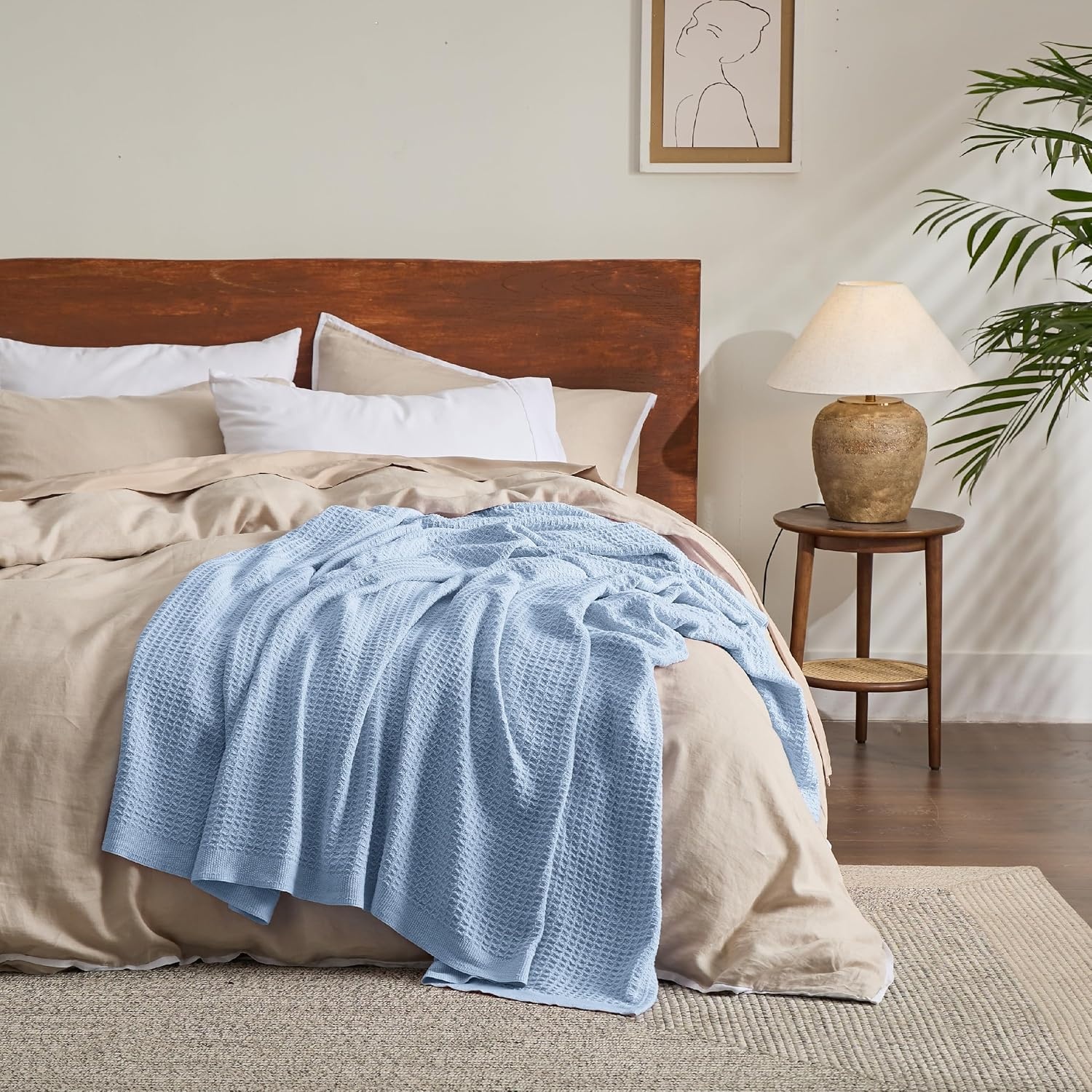 image:imageBedsure 100 Cotton Blanket Queen Size for Bed Cooling Breathable and Soft for Summer and Fall Thick Cozy Waffle Weave Blanket Gifts for Women White 90x90 Inches09 Sky Blue