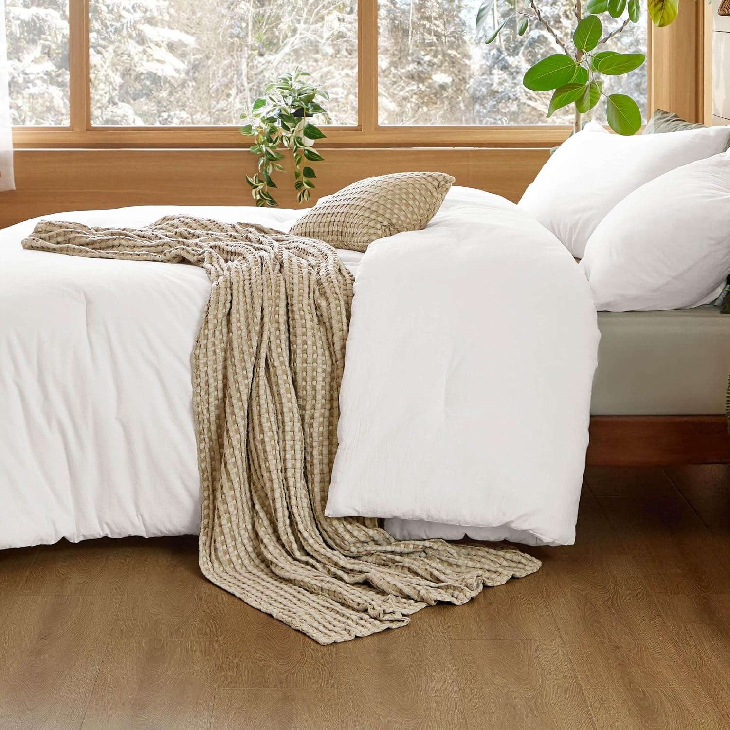 image:imageBedsure 5 Pieces Cotton Comforter Set with Cotton Waffle Throw Blanket White Queen Comforter Pillow Shams Taupe Cooling Blanket of Rayon Derived from Bamboo for Hot Sleepers Throw Pillow07 White